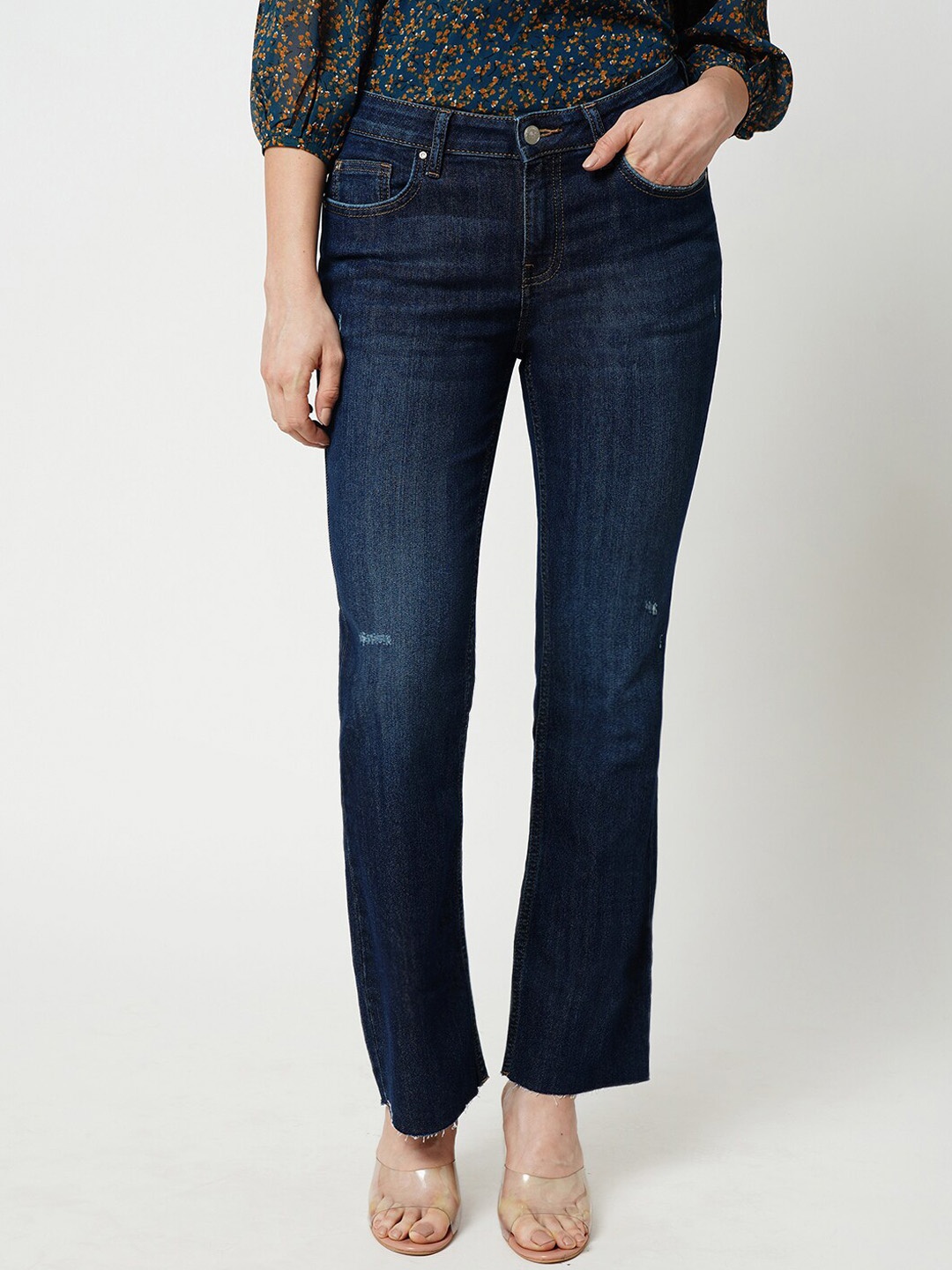 

ONLY Women High-Rise Low Distress Light Fade Stretchable Jeans, Blue