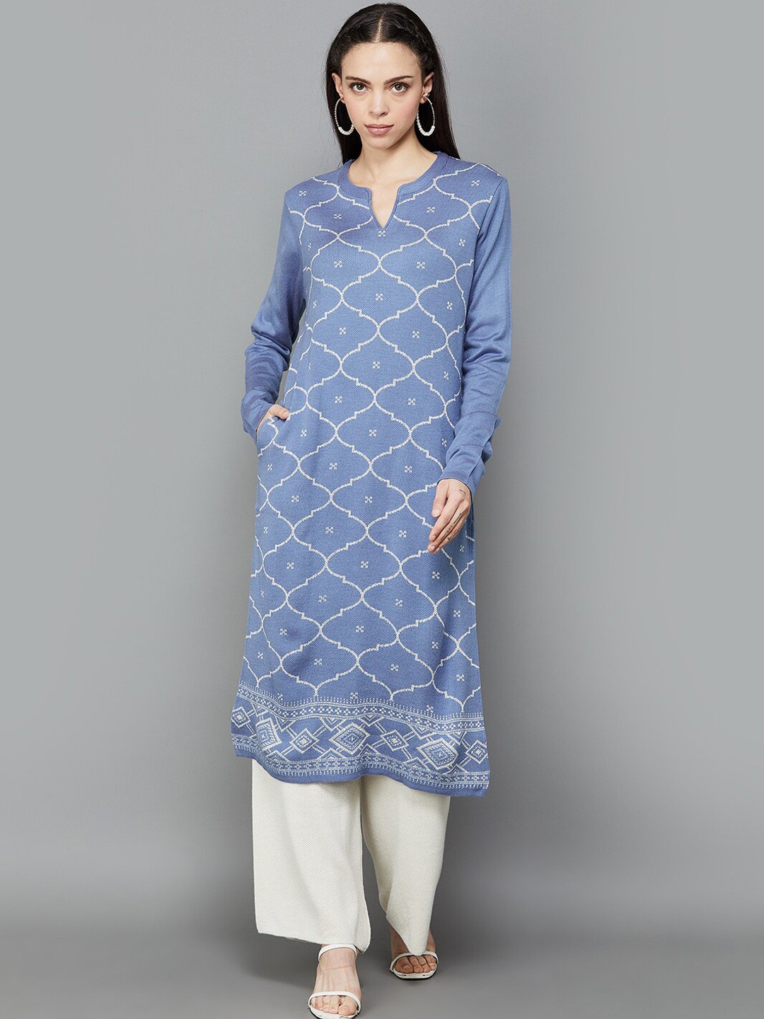

Melange by Lifestyle Geometric Printed Mandarin Collar Pure Acrylic Straight Kurta, Blue