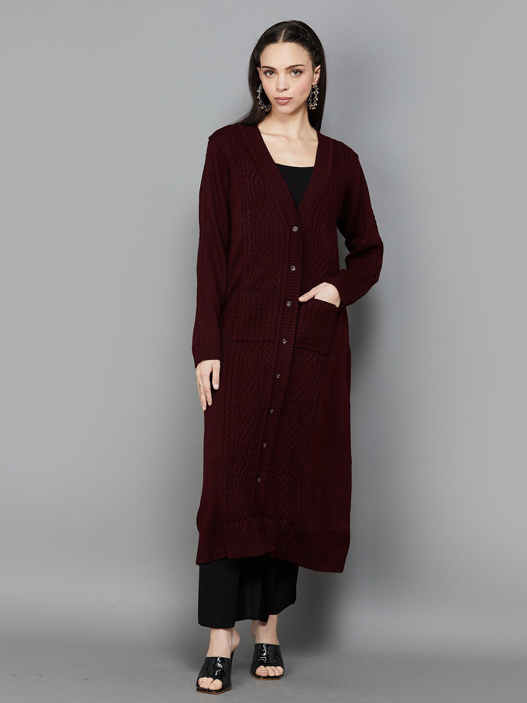 

Melange by Lifestyle Self Designed V-Neck Acrylic Longline Cardigan, Maroon