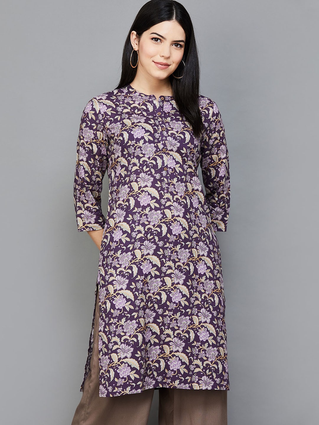 

Melange by Lifestyle Floral Printed Mandarin Collar Straight Kurta, Purple