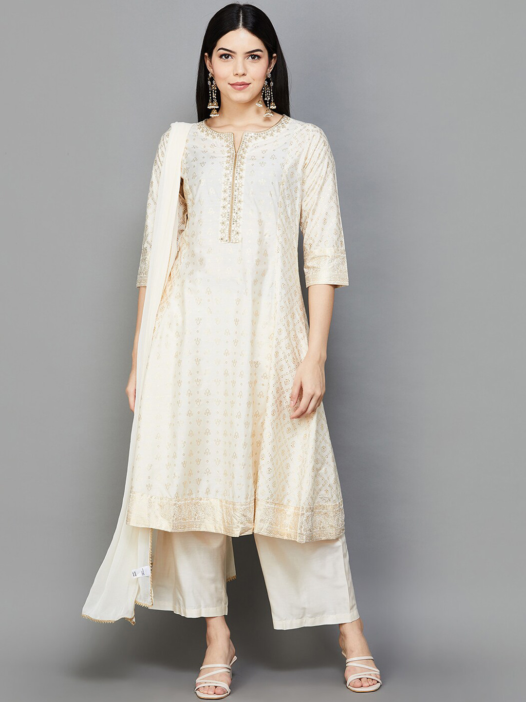 

Melange by Lifestyle Ethnic Motifs A-Line Sequins Kurta With Palazzos & Dupatta, Off white