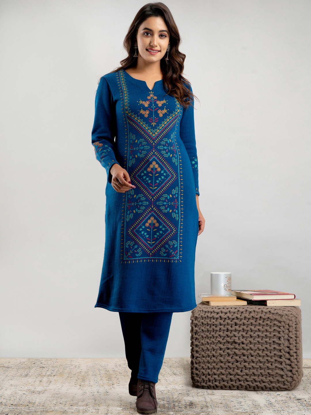

SUTI Ethnic Motifs Printed Beads & Stones Pure Wool Regular Kutra With Trouser, Blue