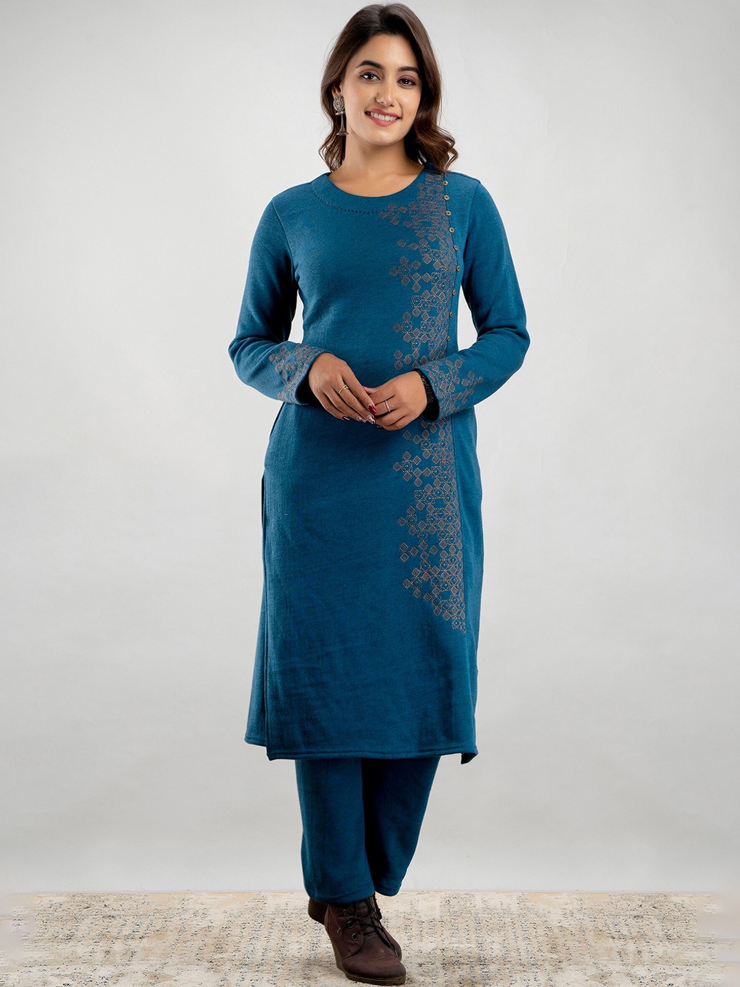 

SUTI Ethnic Motifs Embroidered Regular Pure Wool Kurta With Trouser, Teal