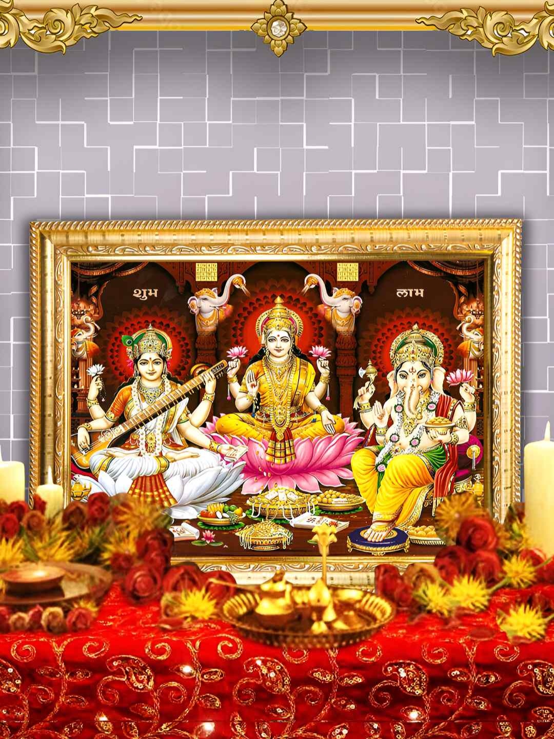 

Hawai Gold Toned Laxmi Ganesh Saraswati Digital Printed Rectangle Wall Photo Frame
