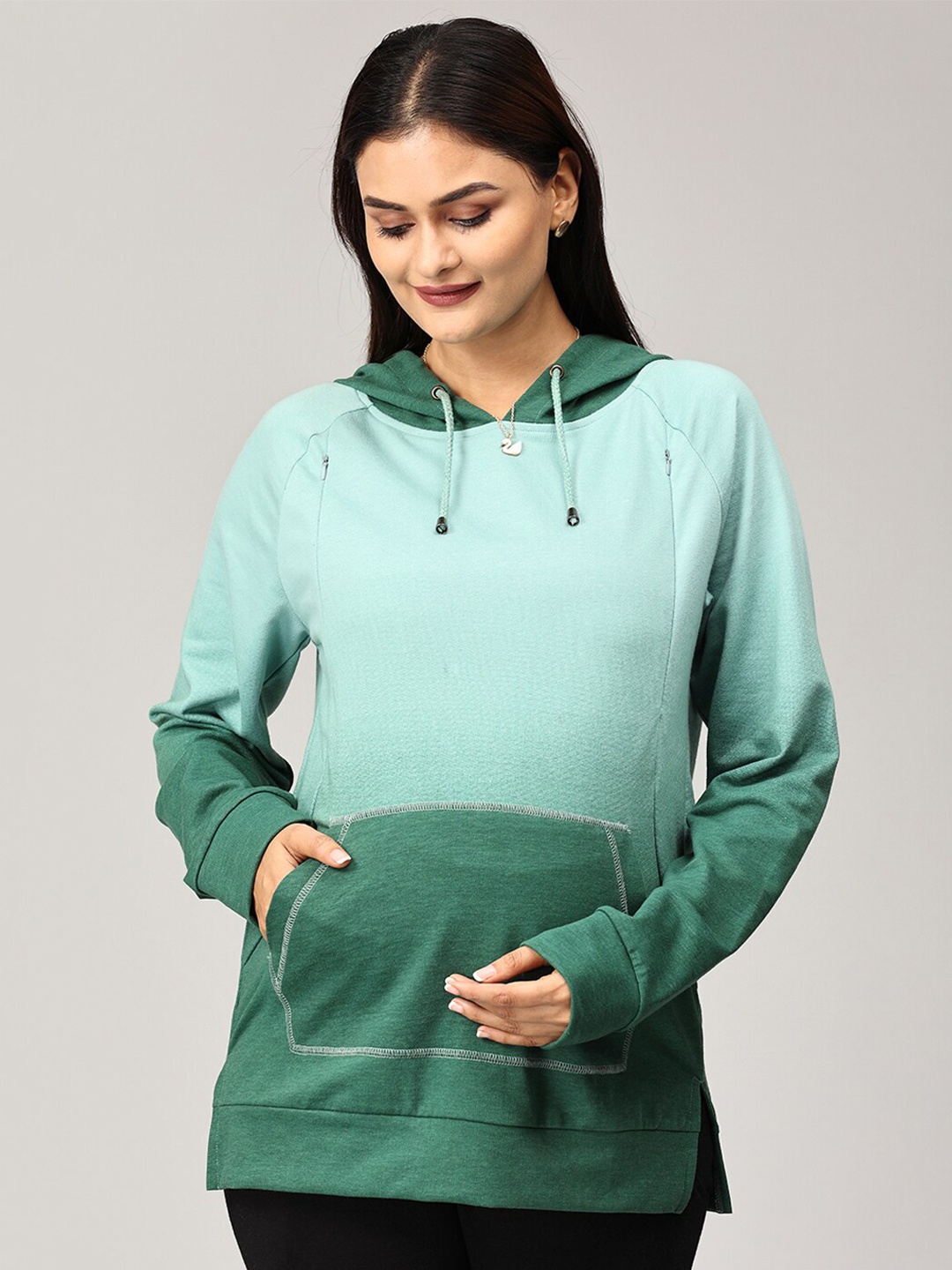 

The Mom Store Colourblocked Hooded Maternity Cotton Pullover, Green