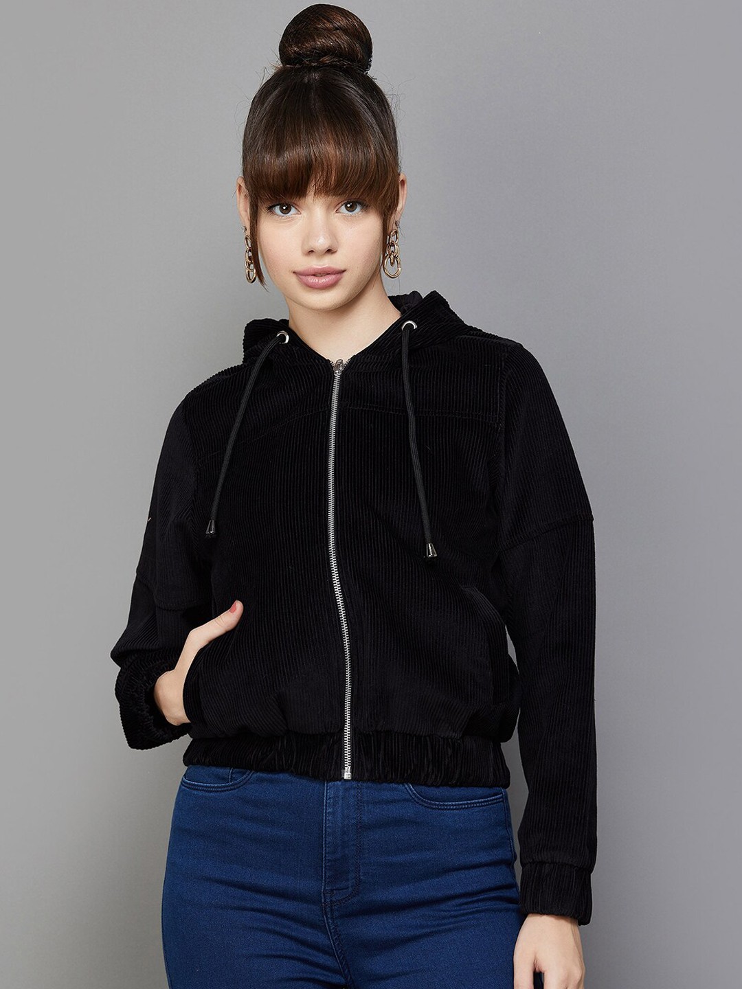 

Fame Forever by Lifestyle Black Long Sleeves Hood Corduroy Bomber Jacket