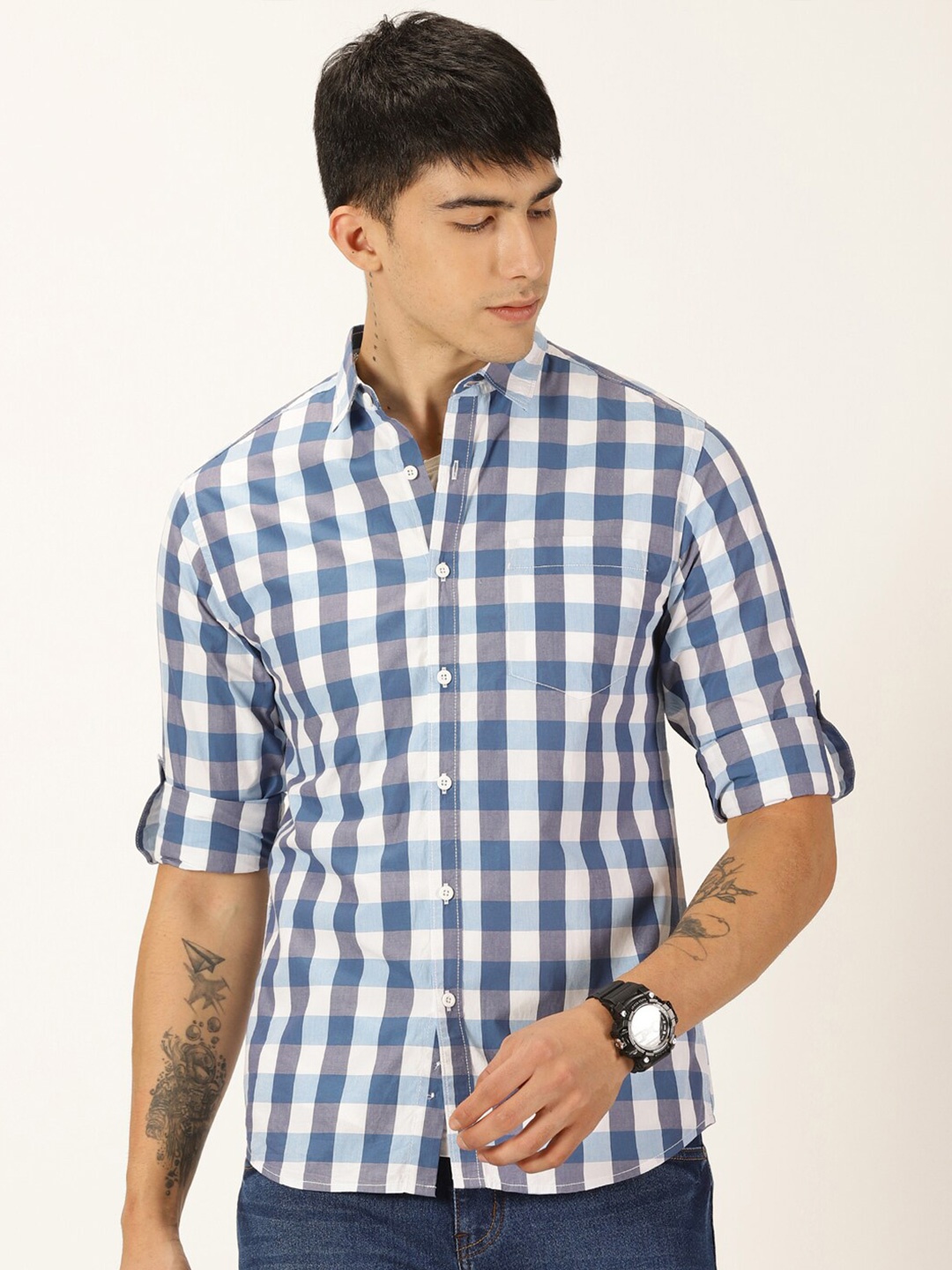 

Moda Rapido Blue White Classic Slim Fit Gingham Checked Casual Shirt