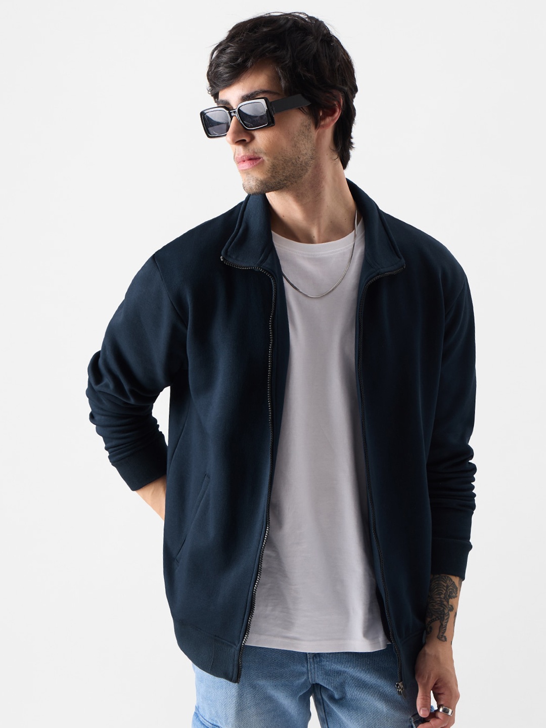 

The Souled Store Spread Collar Lightweight Cotton Open Front Jacket, Navy blue