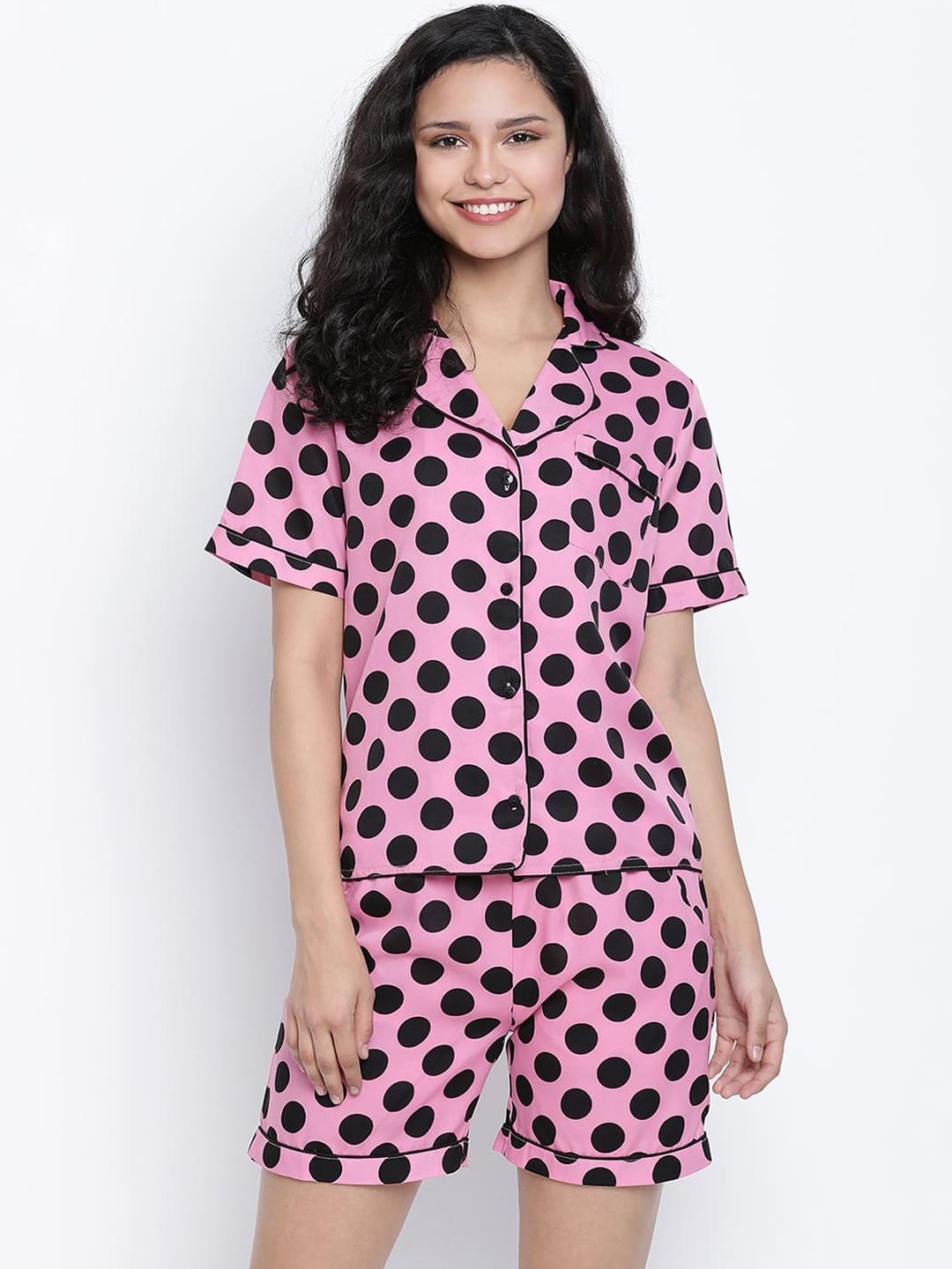 

DRAAX Fashions Polka Dot Printed Lapel Collar Night suit, Pink