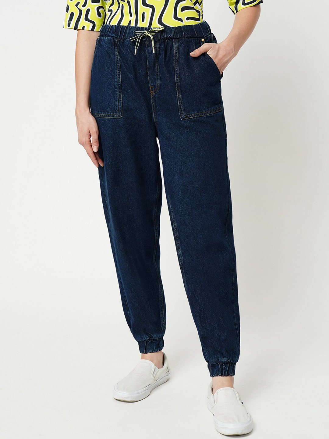 

ONLY Women Loose Fit High-Rise Clean Look Pure Cotton Denim Joggers, Blue