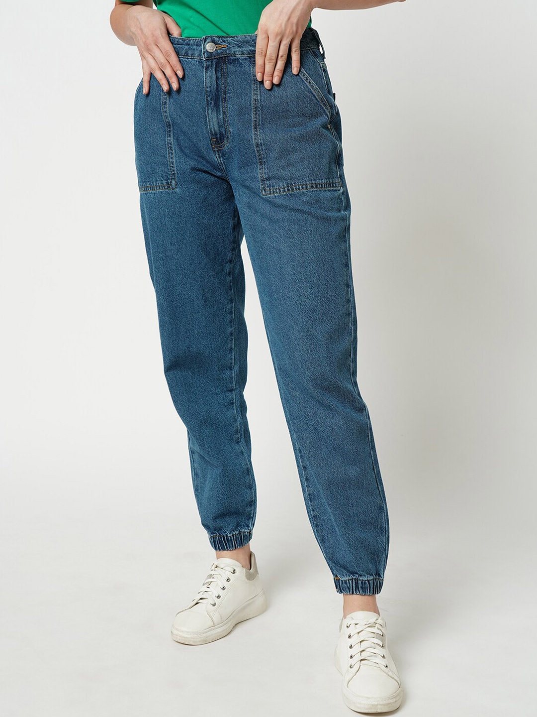 

ONLY Women Loose Fit High-Rise Stretchable Denim Joggers, Blue