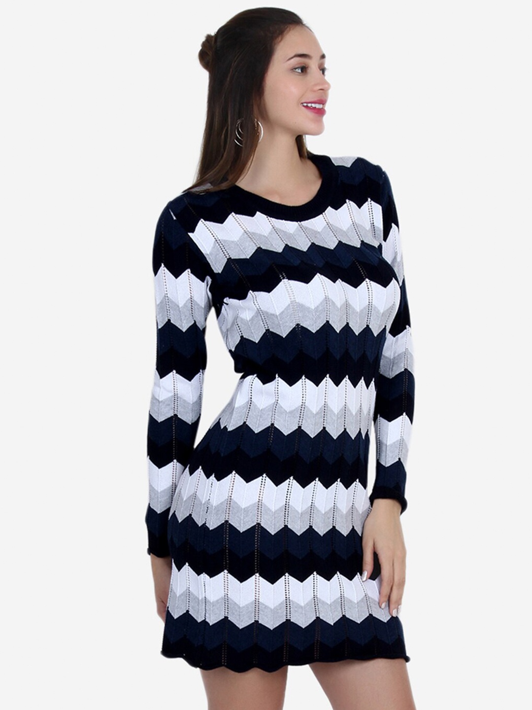 

Chemistry Striped Cotton Long Sleeves Cotton Sheath Dress, Navy blue