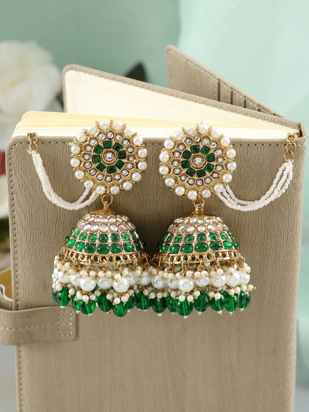 

Crunchy Fashion Gold-Plated Kundan Studded Jhumkas Earrings Wih Ear Chains