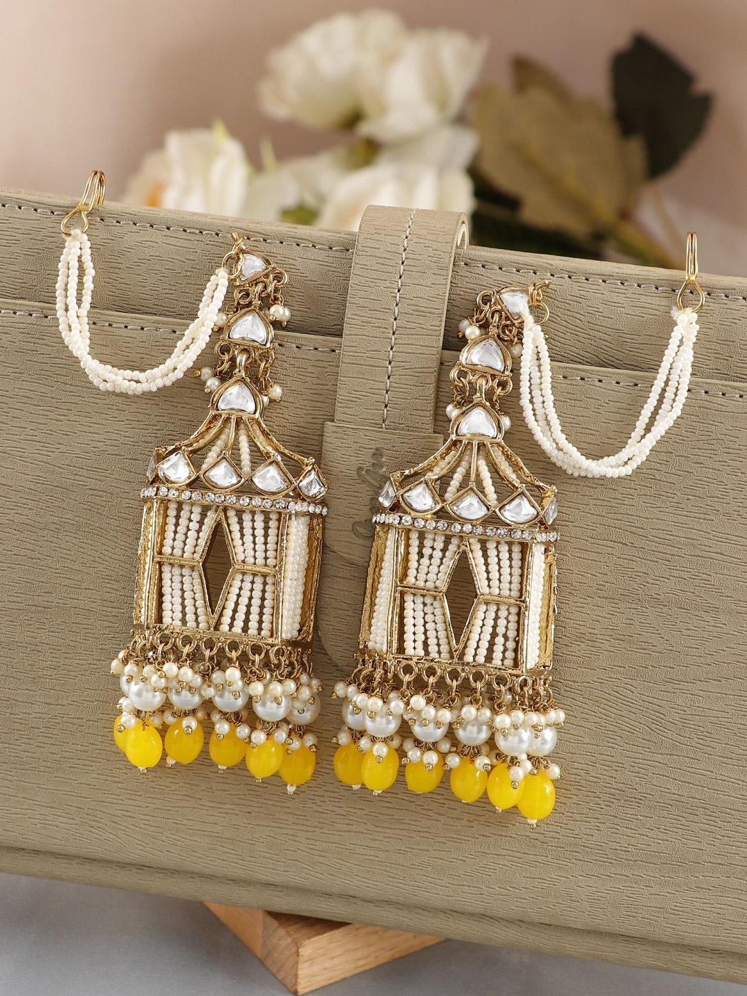 

Crunchy Fashion Gold-Plated Kundan Studded Beads Beaded Drop Earings With Ear Chain