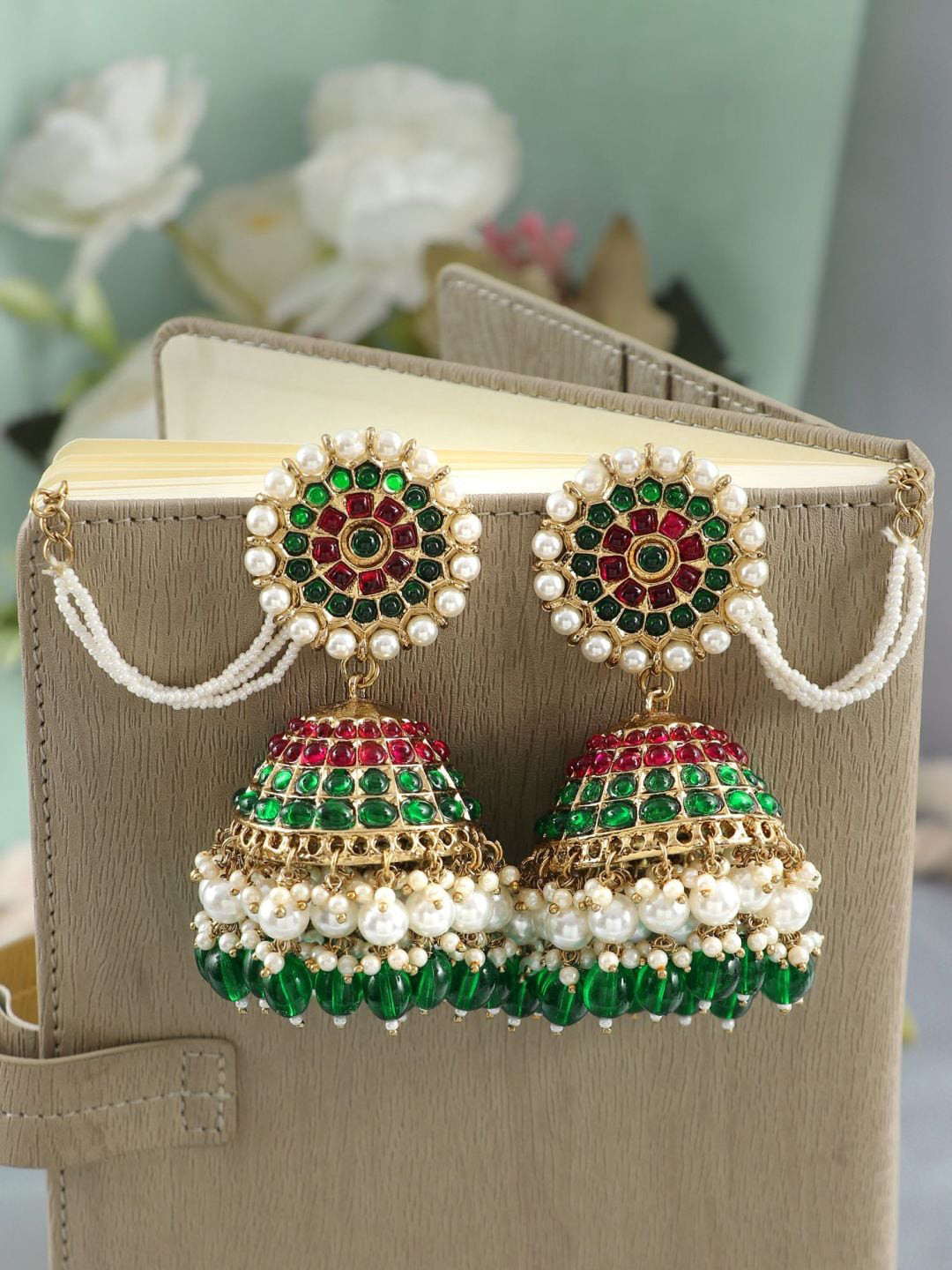 

Crunchy Fashion Gold-Plated Artificial Stones & Beads Jhumkas Earrings With Ear Chain