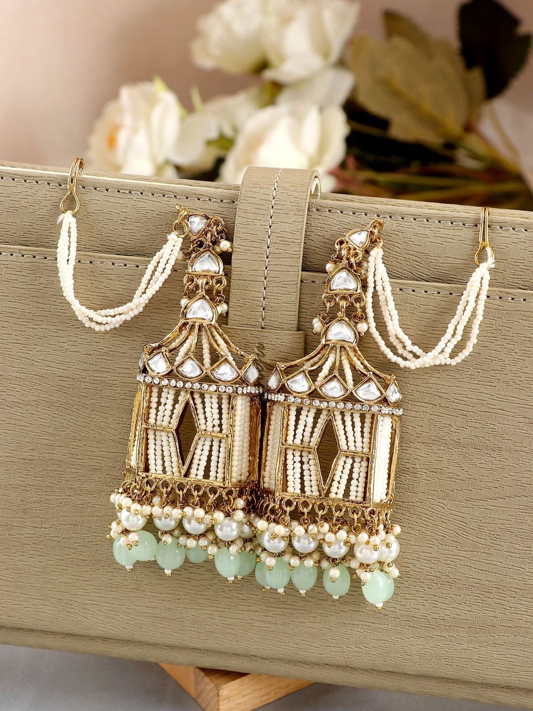 

Crunchy Fashion Gold-Plated Kundan Studded Beads Beaded Drop Earings With Ear Chain