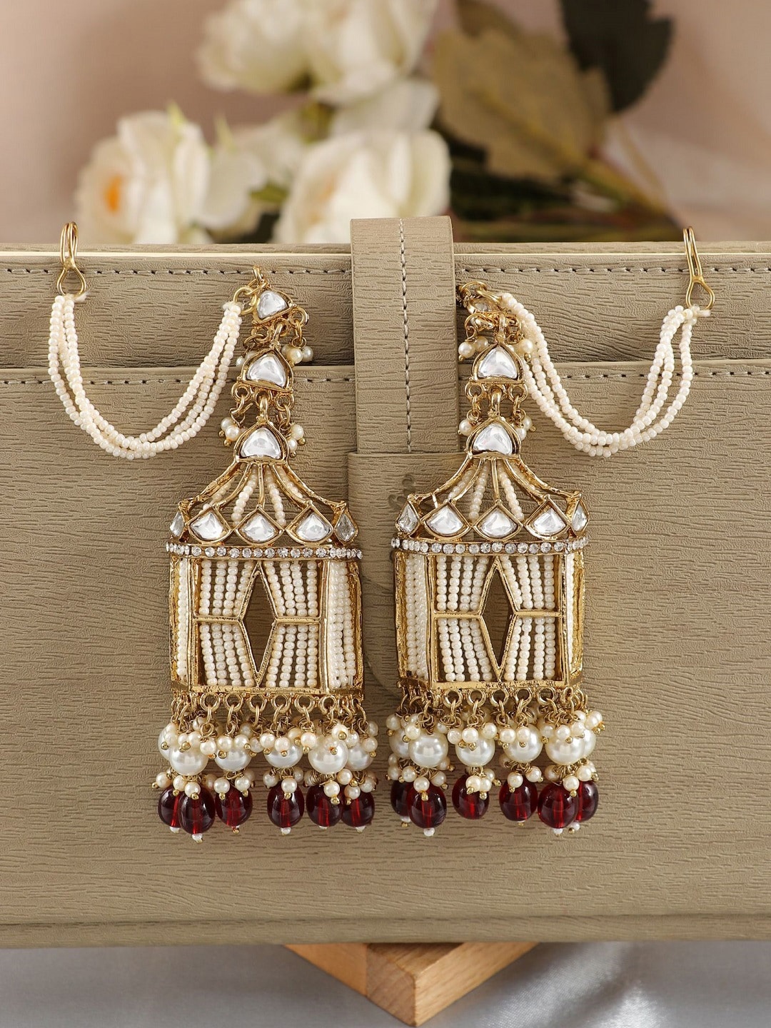 

Crunchy Fashion Gold-Plated Kundan Studded Drop Earrings With Ear Chains