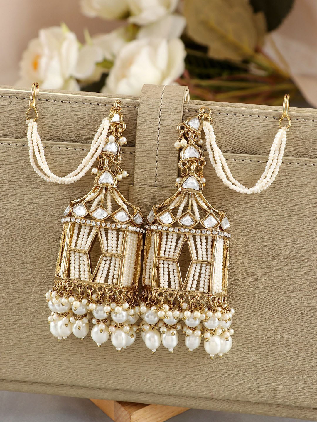 

Crunchy Fashion Gold-Plated Kundan Studded Beads Beaded Drop Earings With Ear Chain