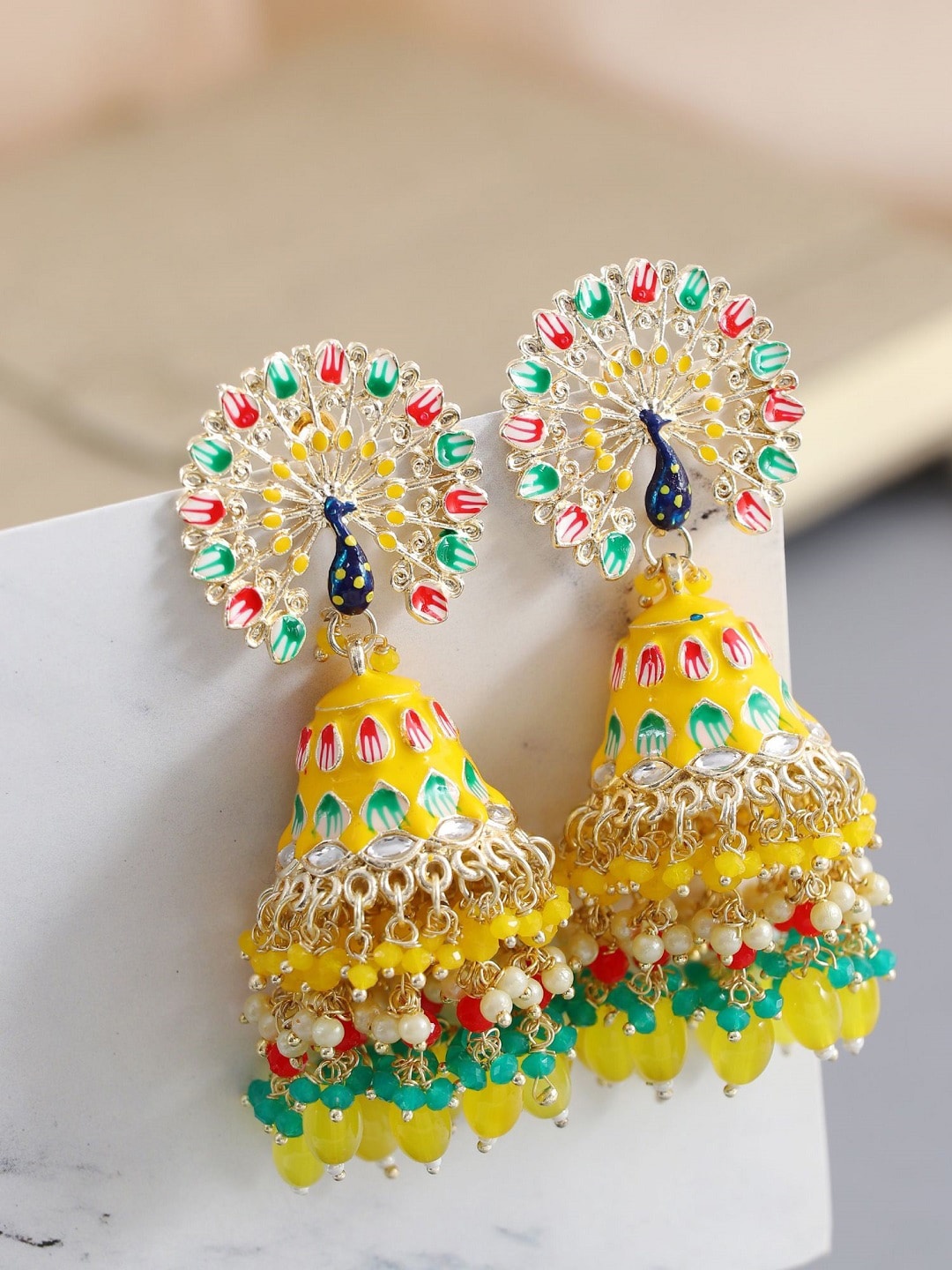 

Crunchy Fashion Gold-Plated Meenakari Artificial Beads Beaded Drop Earrings, Yellow