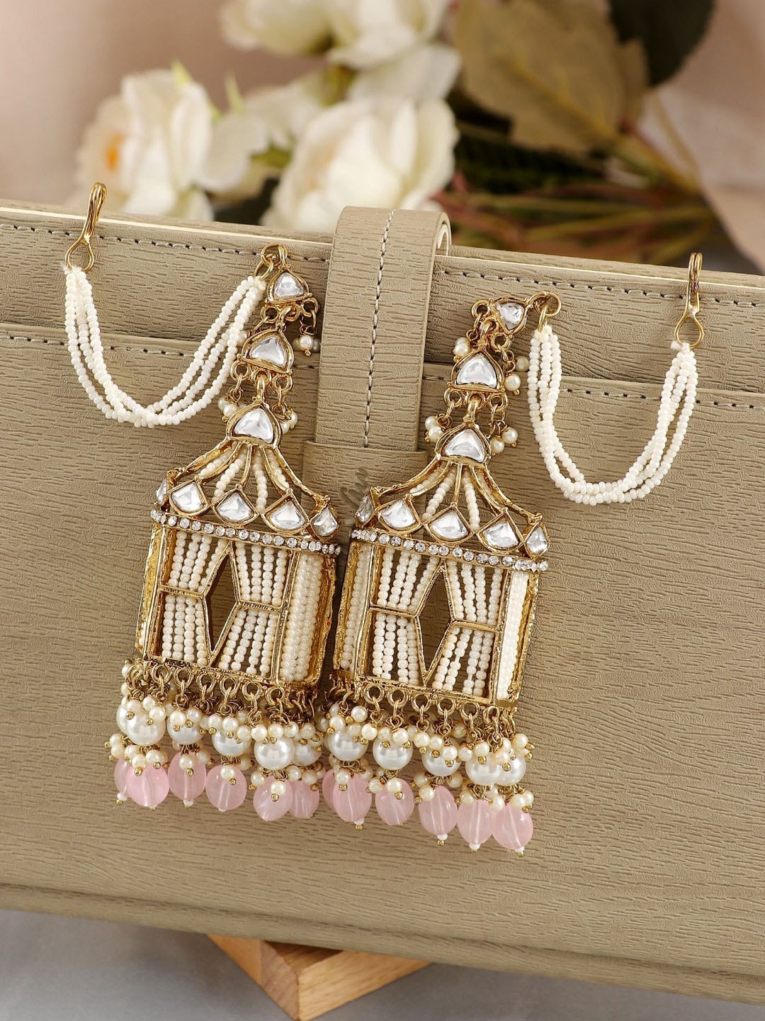 

Crunchy Fashion Gold-Plated Artificial Stones & Beads Drop Earrings With Ear Chains