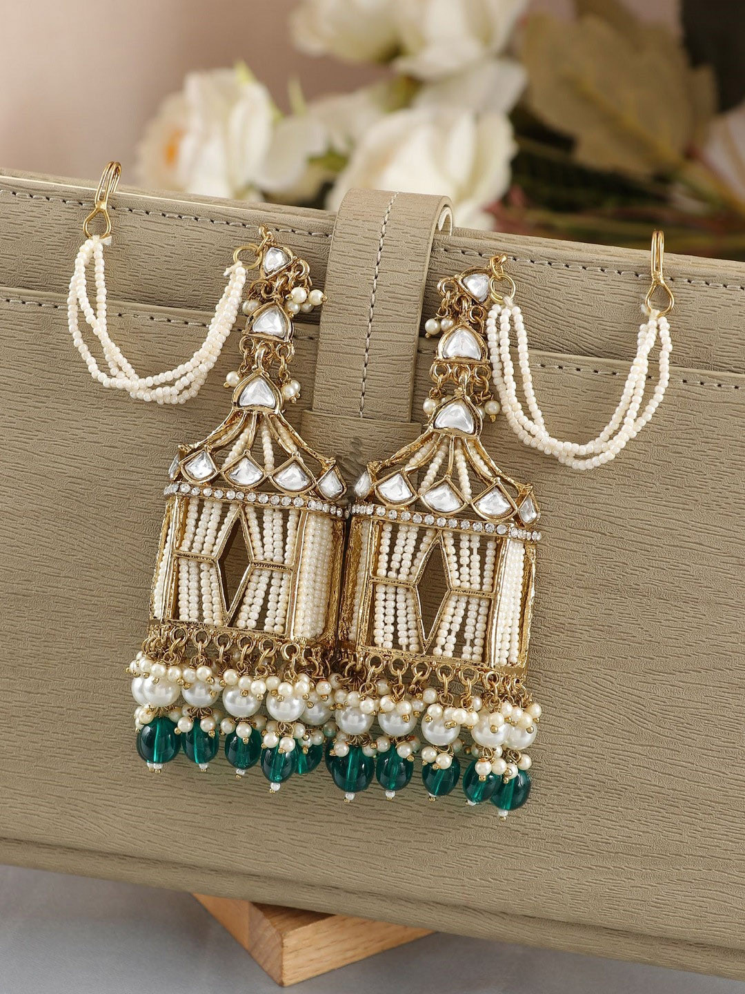 

Crunchy Fashion Gold-Plated Kundan Studded Beads Beaded Drop Earings With Ear Chain