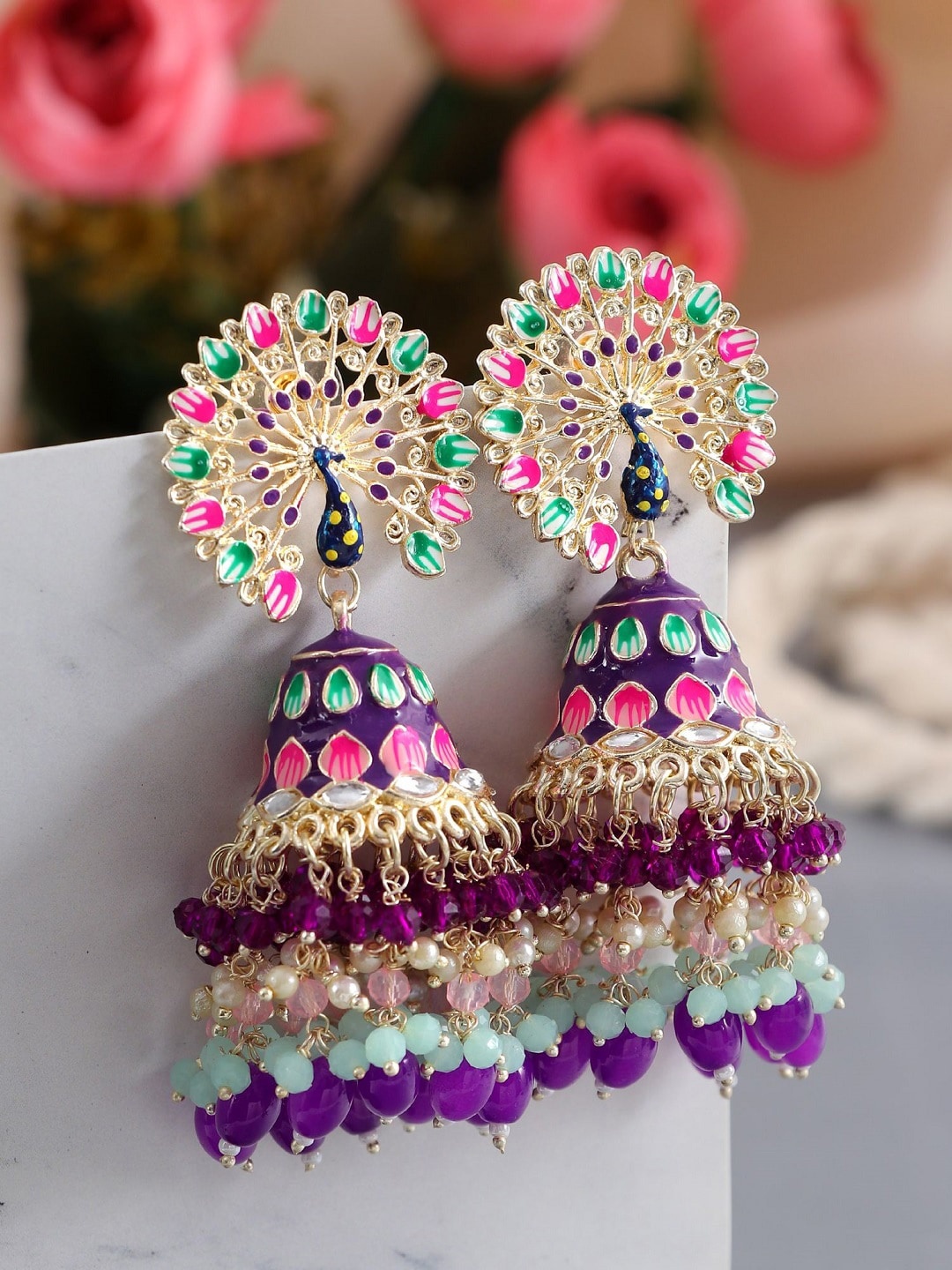

Crunchy Fashion Gold-Plated Meenakari Jhumkas Drop Earrings