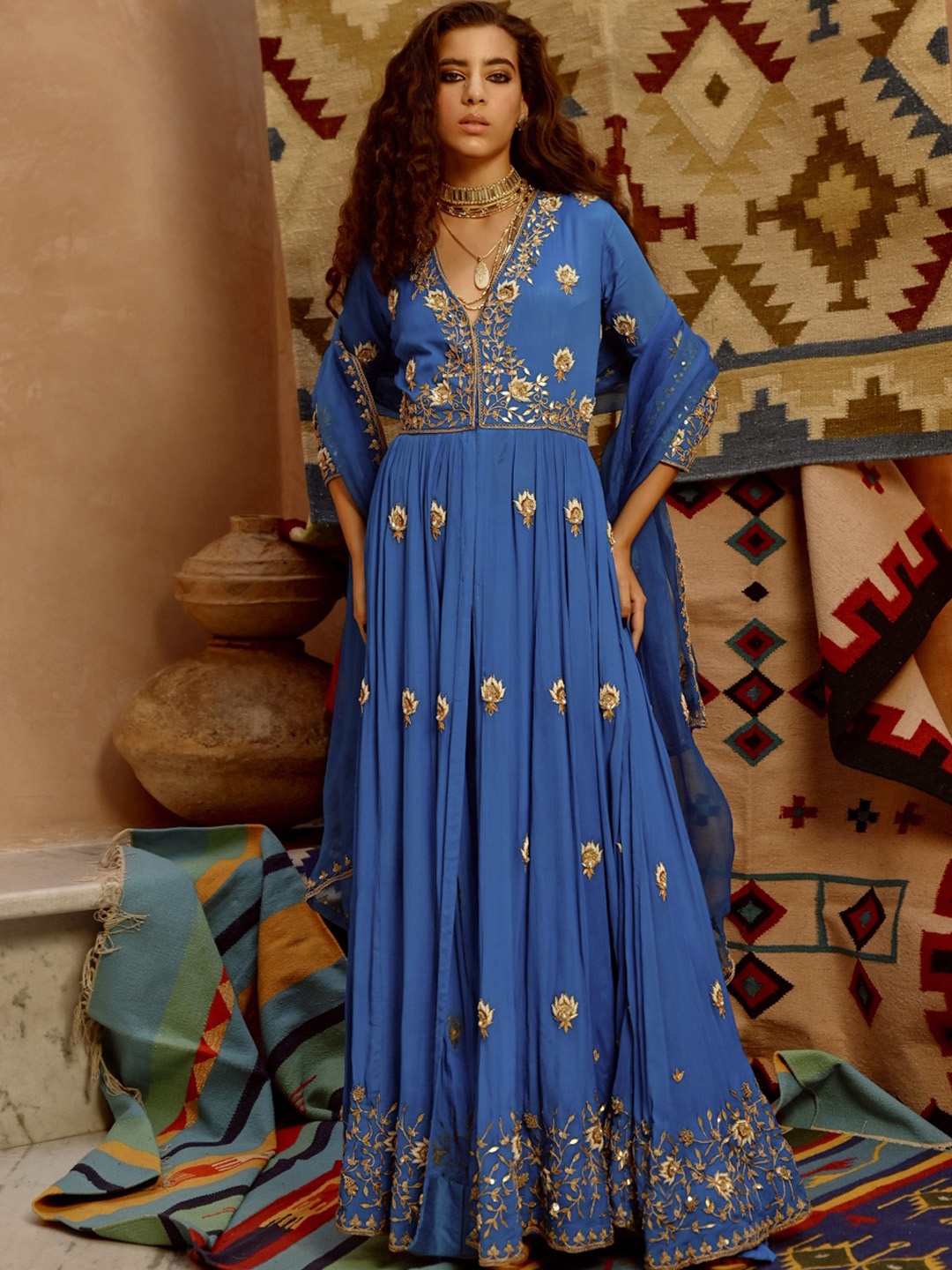 

Pallavi Jaipur Floral Embroidered Thread Work Anarkali Kurta With Palazzos & Dupatta, Blue