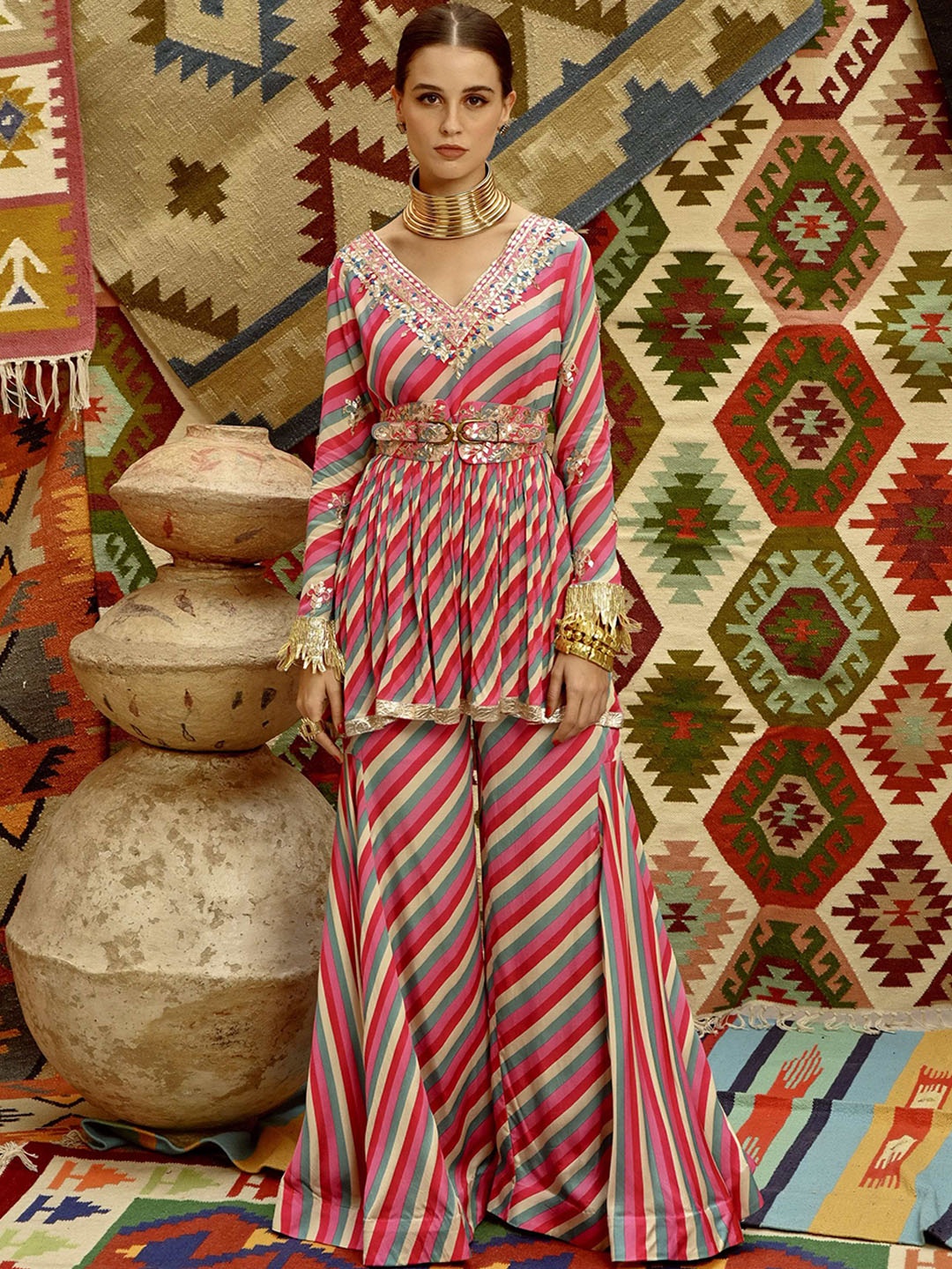 

Pallavi Jaipur Leheriya Printed Thread Work Anarkali Kurta With Palazzos & Dupatta, Pink