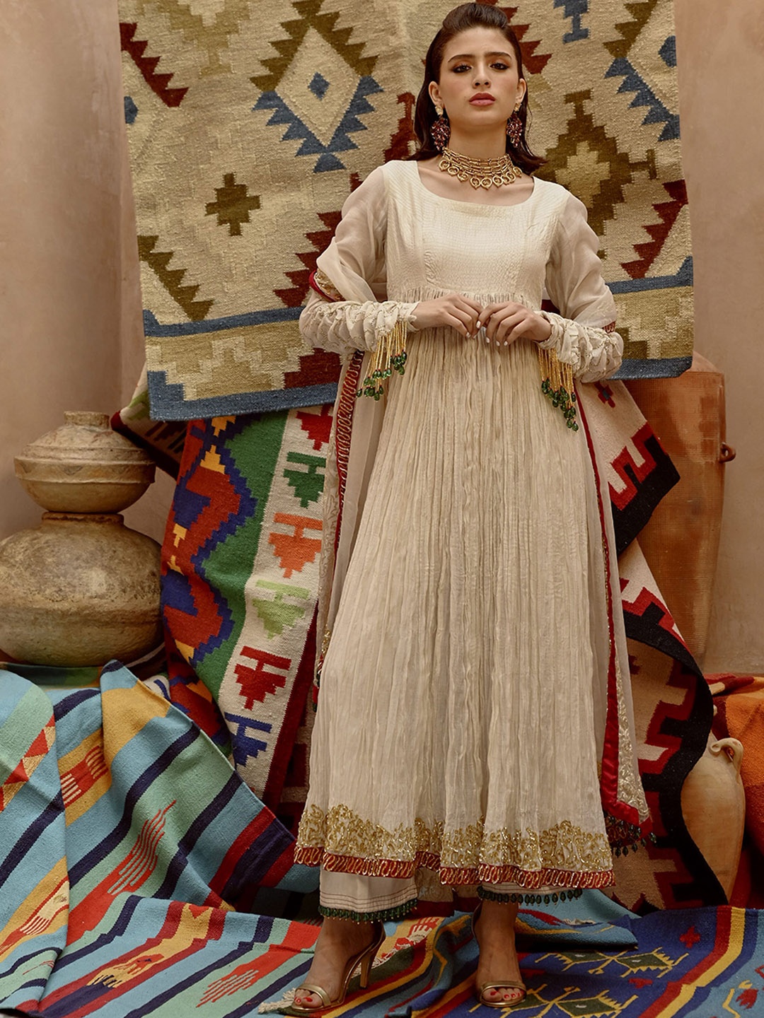 

Pallavi Jaipur Chanderi Silk Thread Work Anarkali Kurta With Palazzos & Dupatta, White