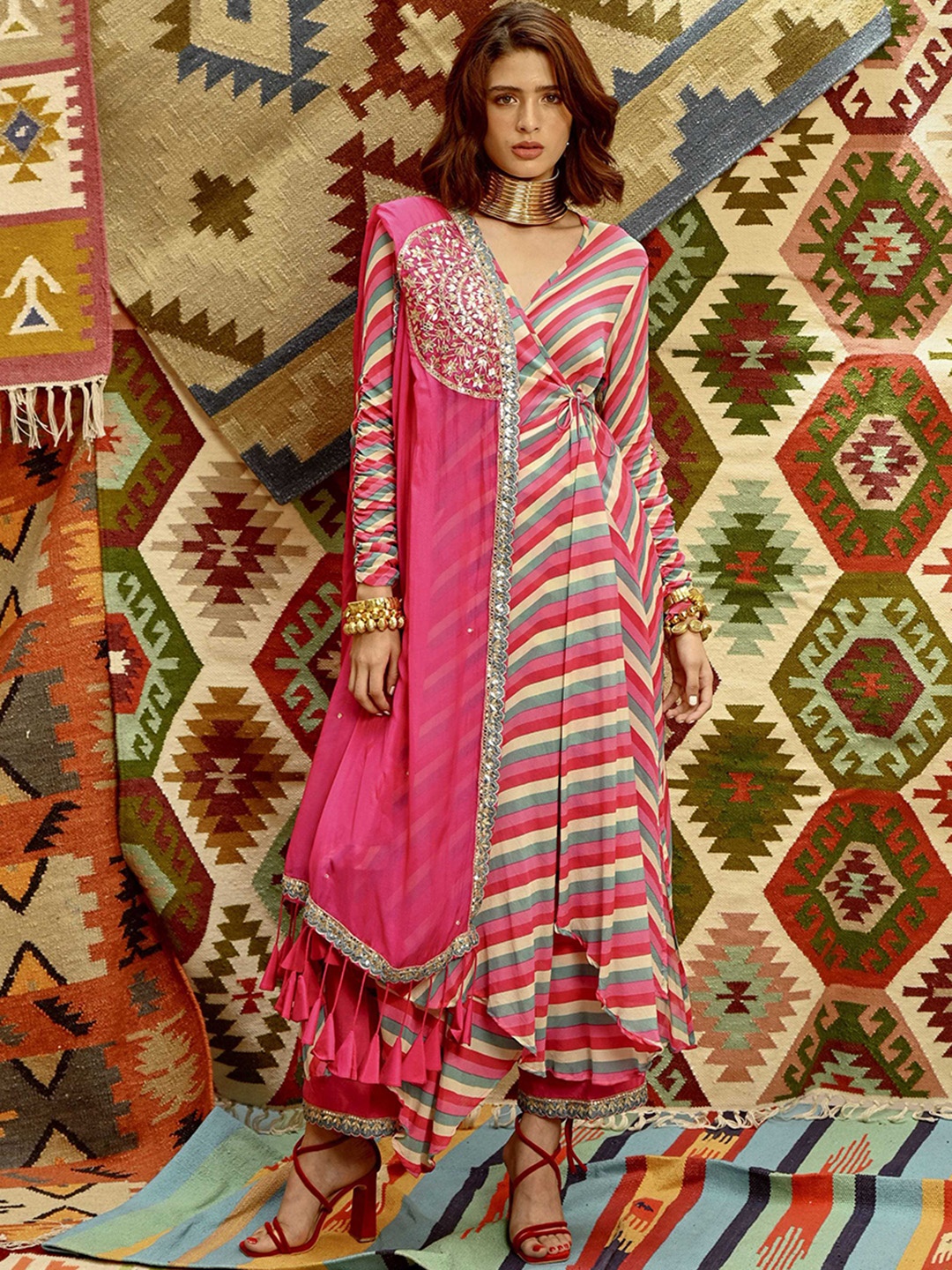 

Pallavi Jaipur Ethnic Motifs Printed Silk Crepe Angrakha Kurta & Trouser With Dupatta, Pink