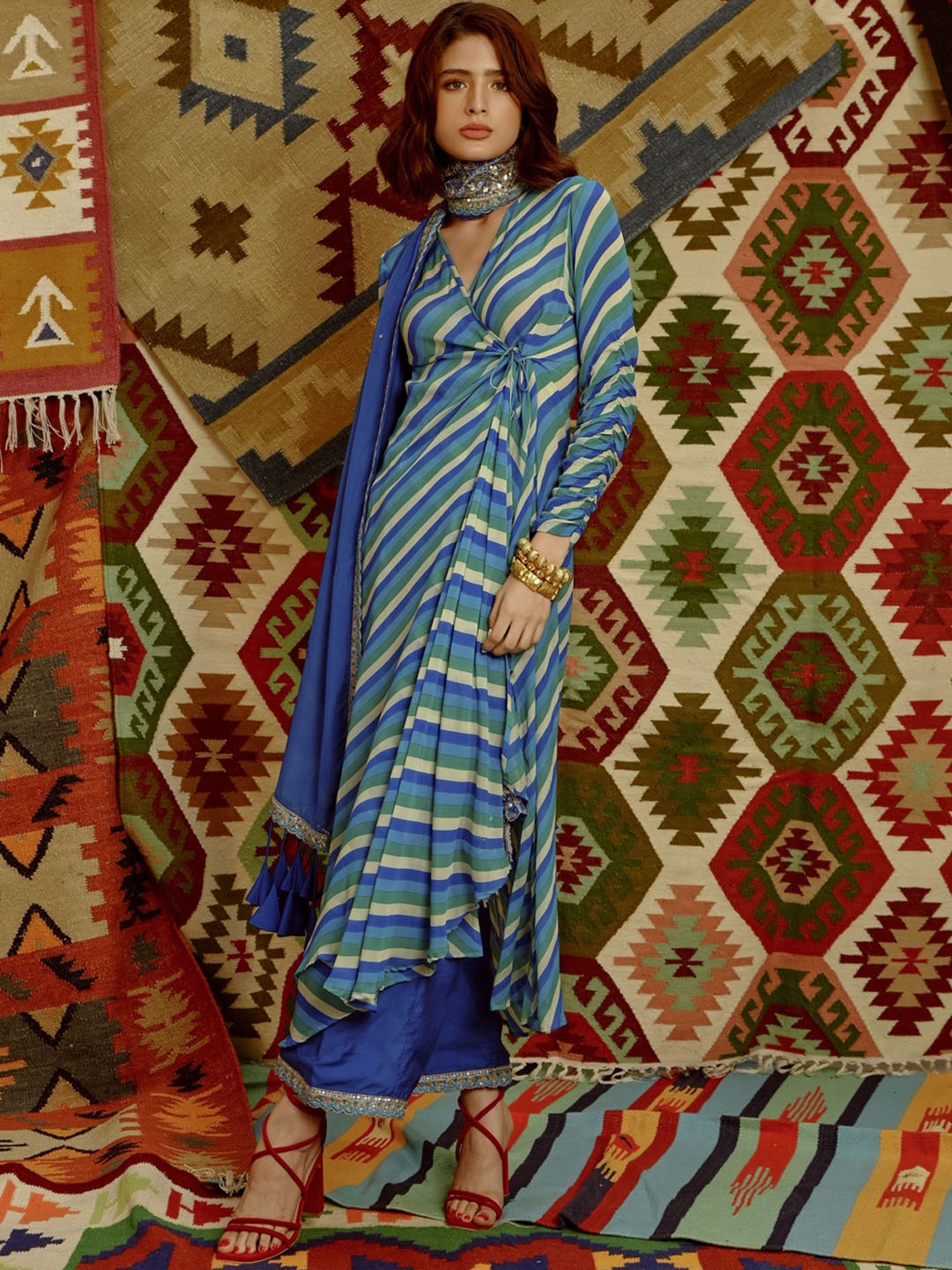 

Pallavi Jaipur Ethnic Motifs Printed Silk Crepe Angrakha Kurta & Trouser With Dupatta, Blue