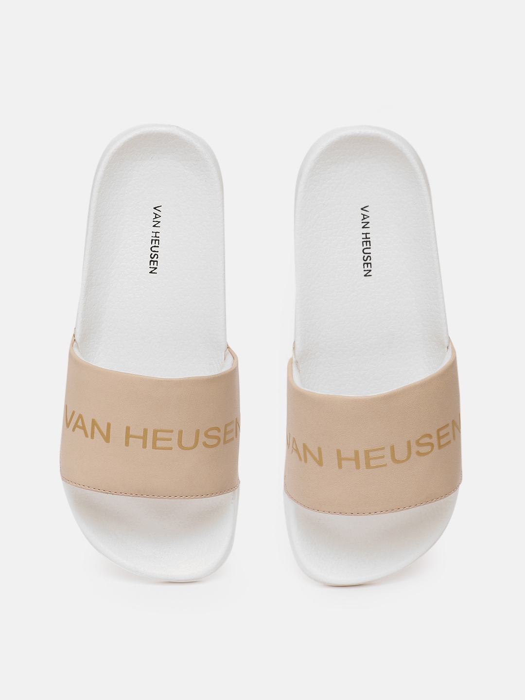 

Van Heusen Woman Textured Sliders With Brand Logo Print Detail, Beige