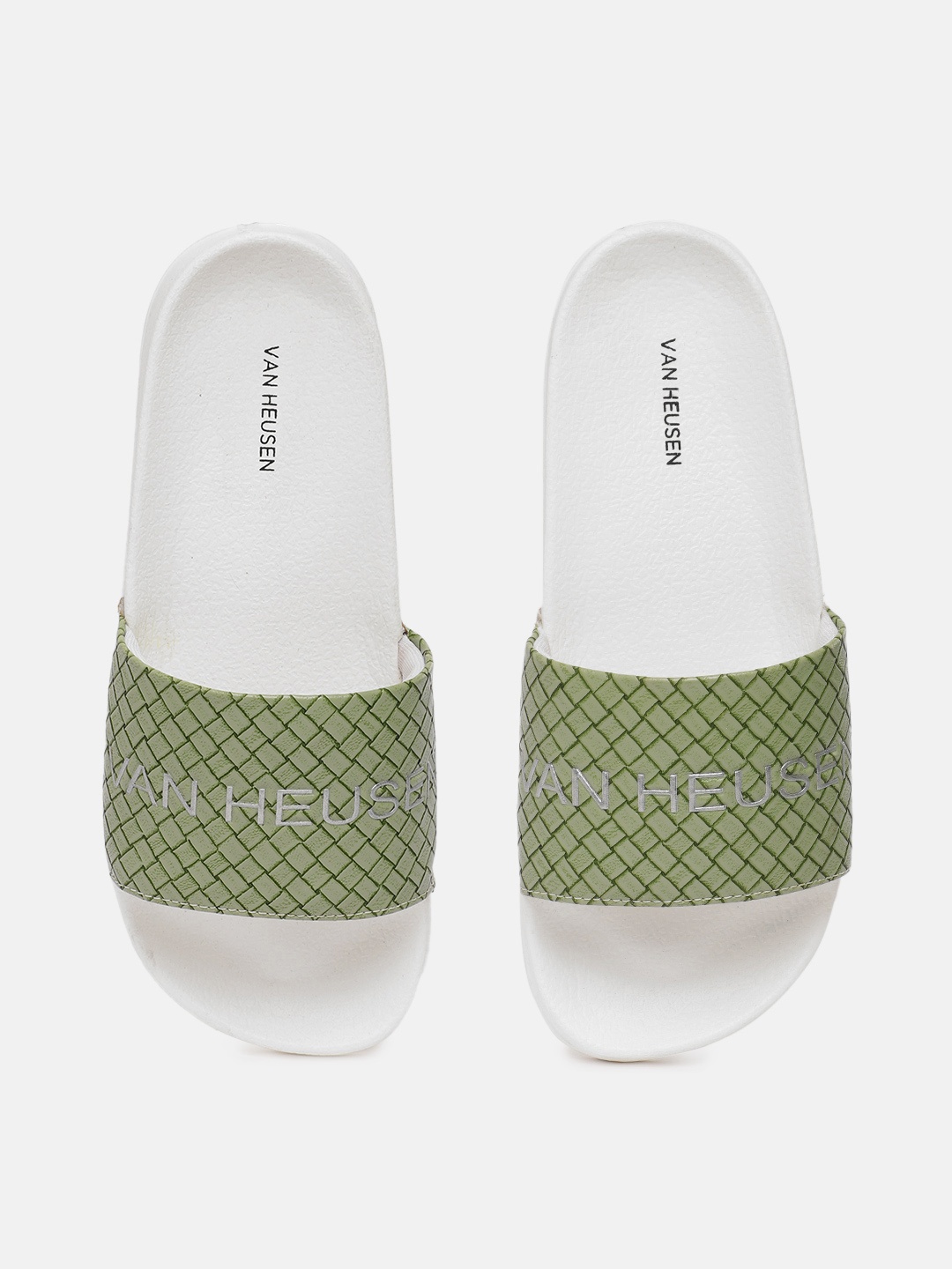 

Van Heusen Woman Basketweave Textured Sliders With Brand Logo Print Detail, Green