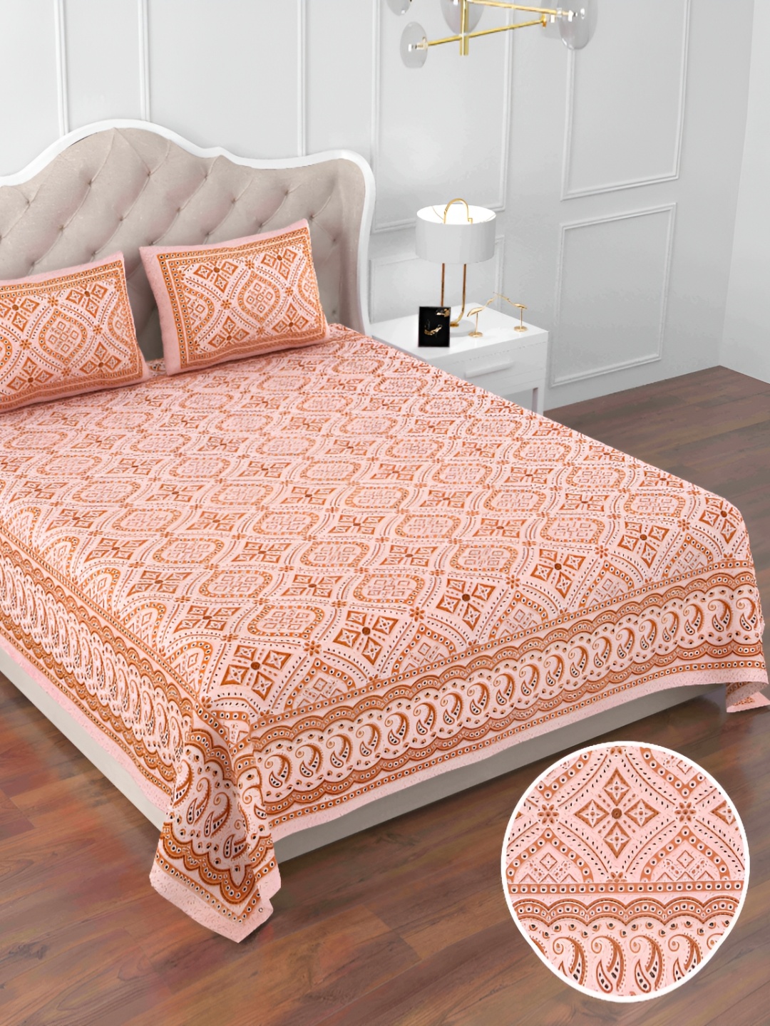 

DOLLIFI Orange Ethnic Motifs Printed Cotton 260 TC King Bedsheet With 2 Pillow Covers