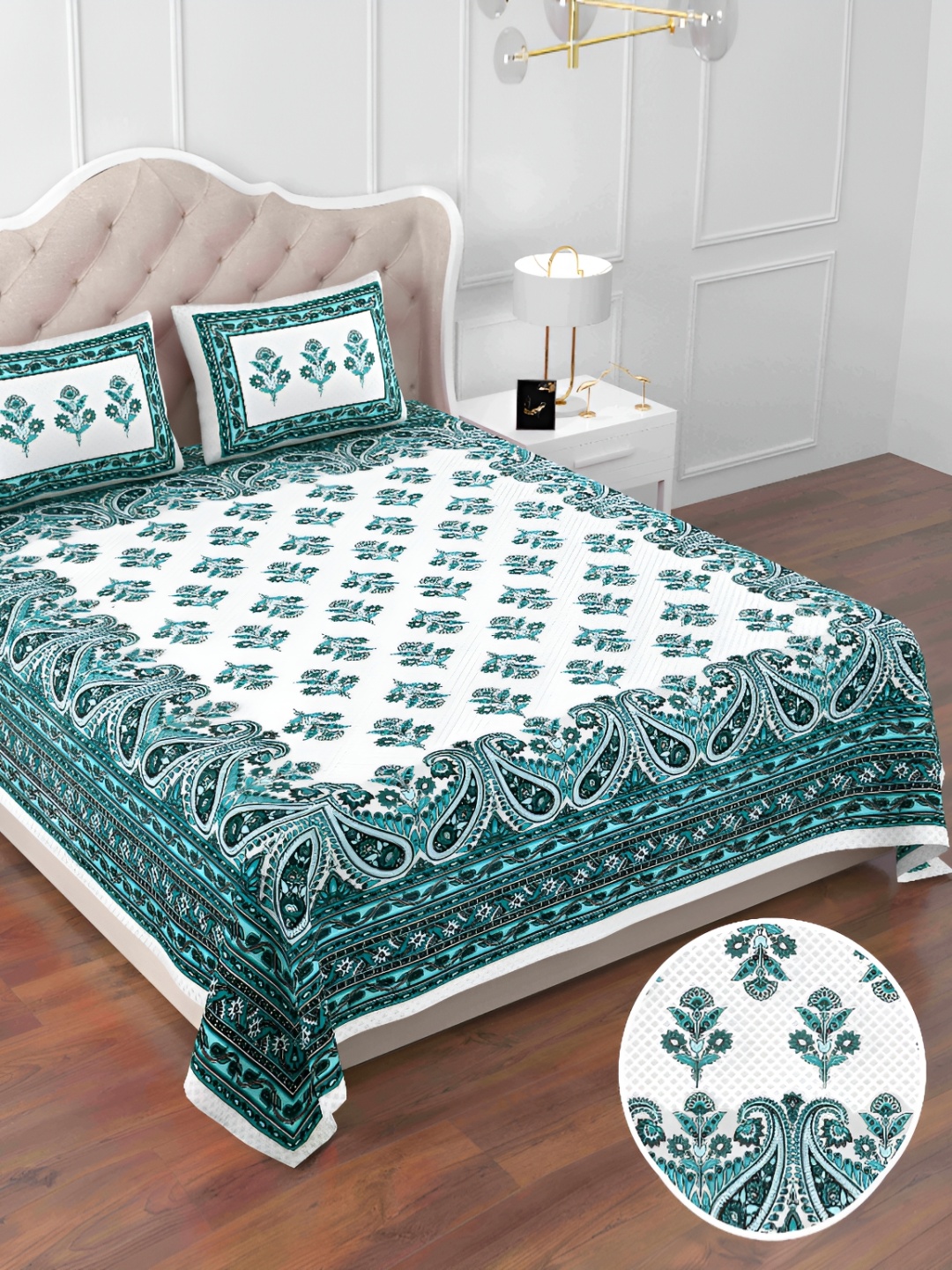 

DOLLIFI White & Green Printed Cotton 260 TC King Bedsheet With 2 Pillow Covers