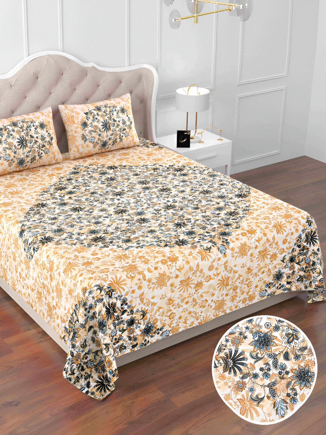 

DOLLIFI Yellow & Blue Floral Printed Cotton 260 TC King Bedsheet With 2 Pillow Covers