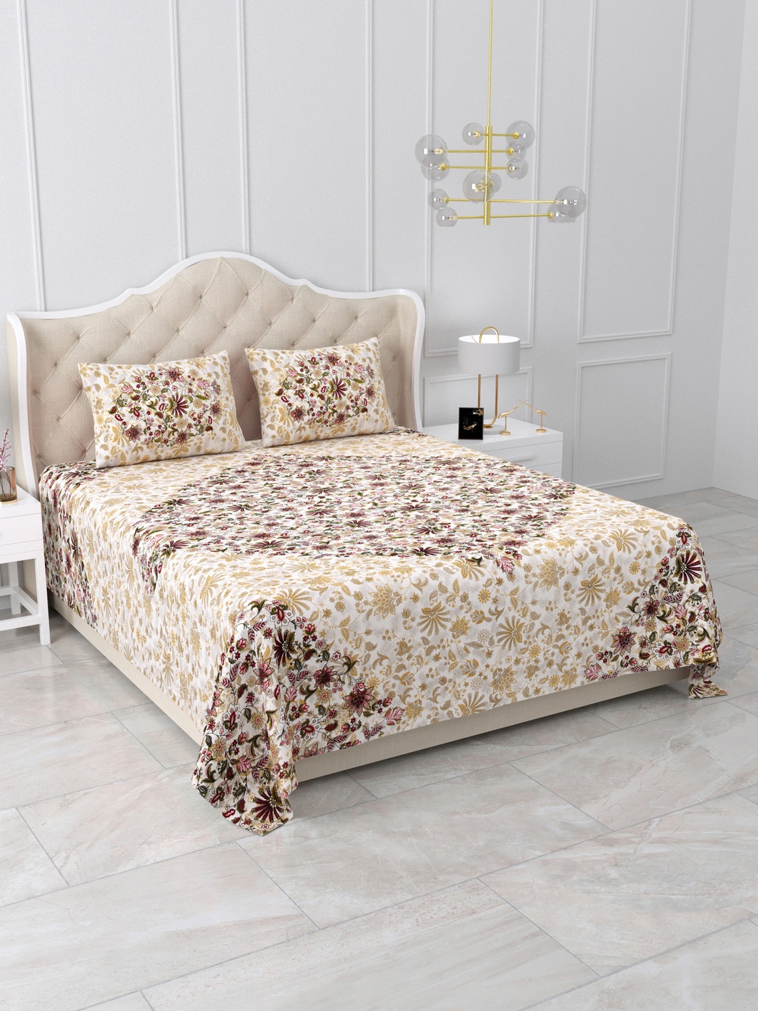 

DOLLIFI Beige & Maroon Floral Printed Cotton 260 TC King Bedsheet With 2 Pillow Covers