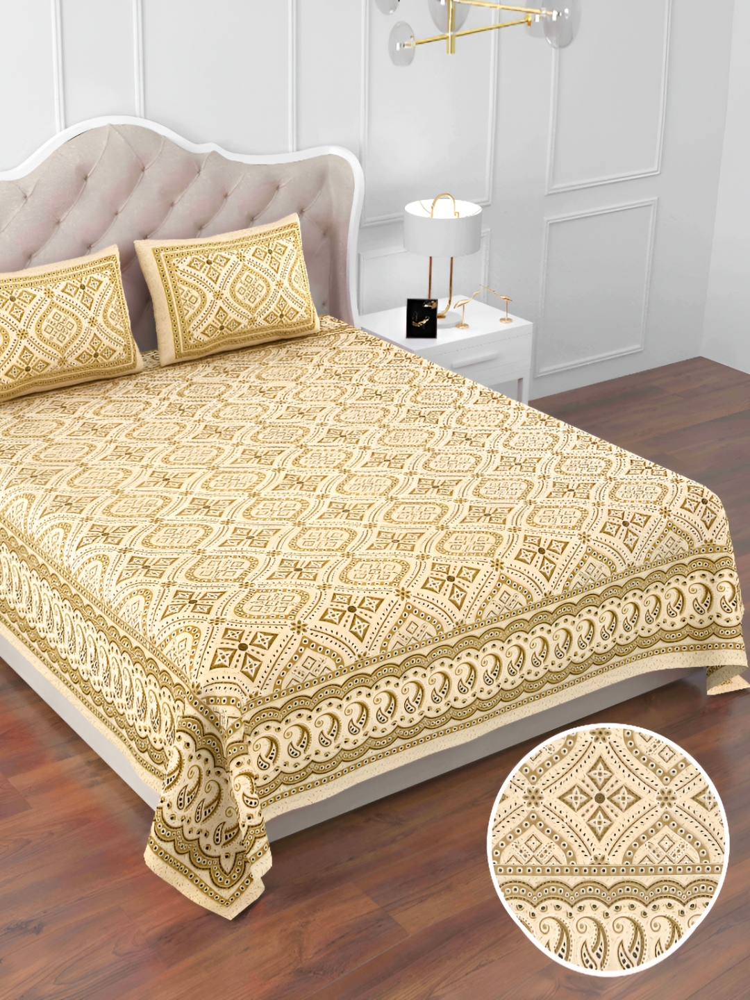 

DOLLIFI Yellow Ethnic Motifs Printed Cotton 260 TC King Bedsheet With 2 Pillow Covers