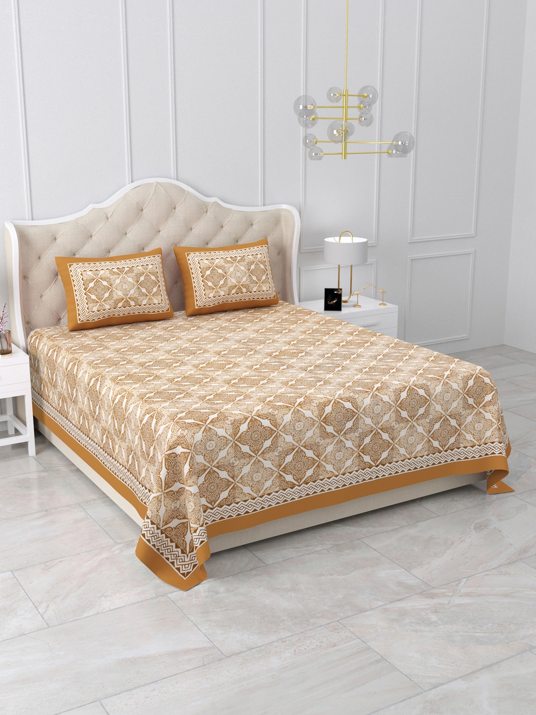 

DOLLIFI Mustard & Beige Printed Cotton 260 TC King Bedsheet With 2 Pillow Covers