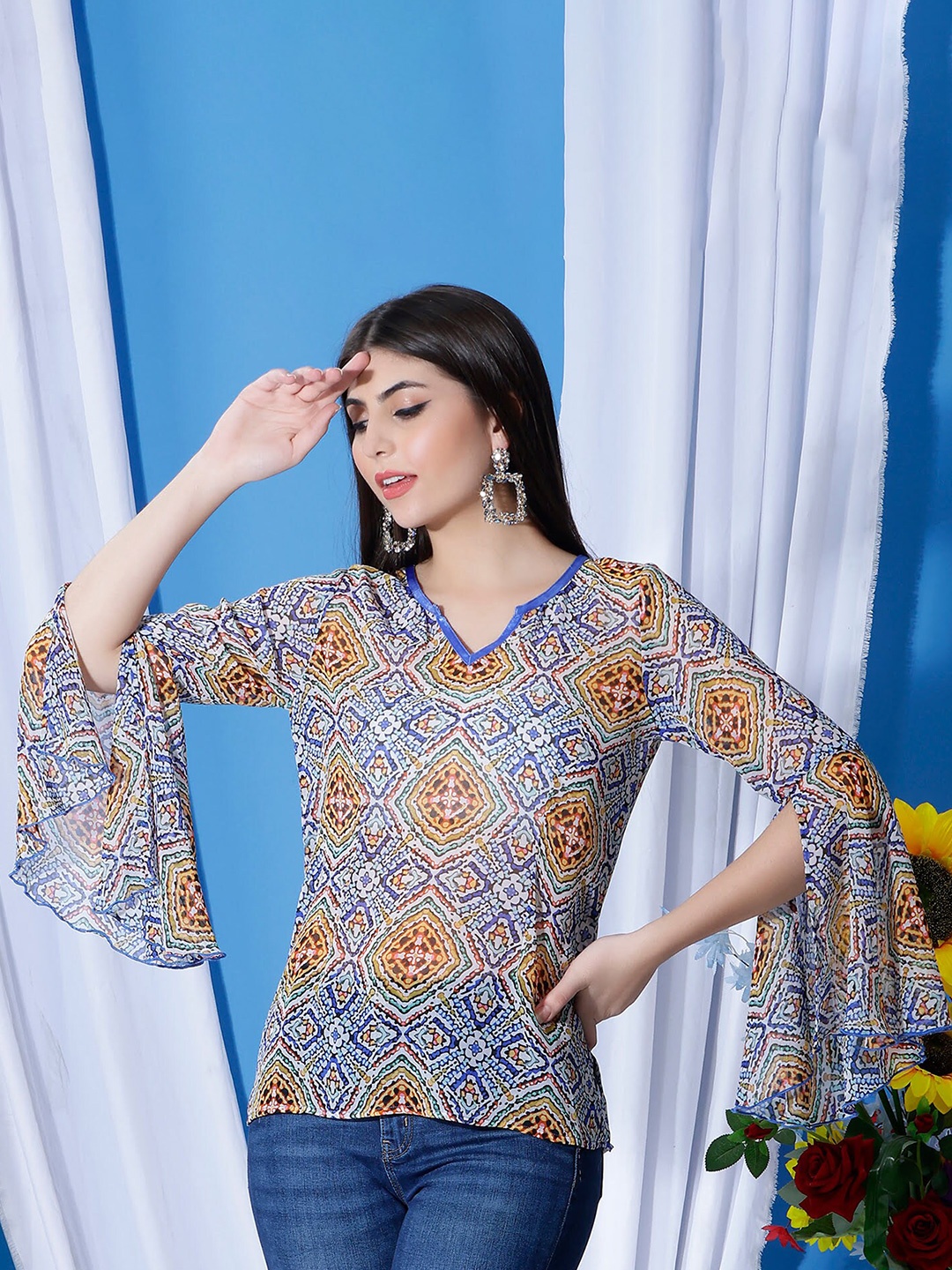

DEBONATELLA Ethnic Motifs Print V-Neck Bell Sleeves Georgette Regular Top, Blue