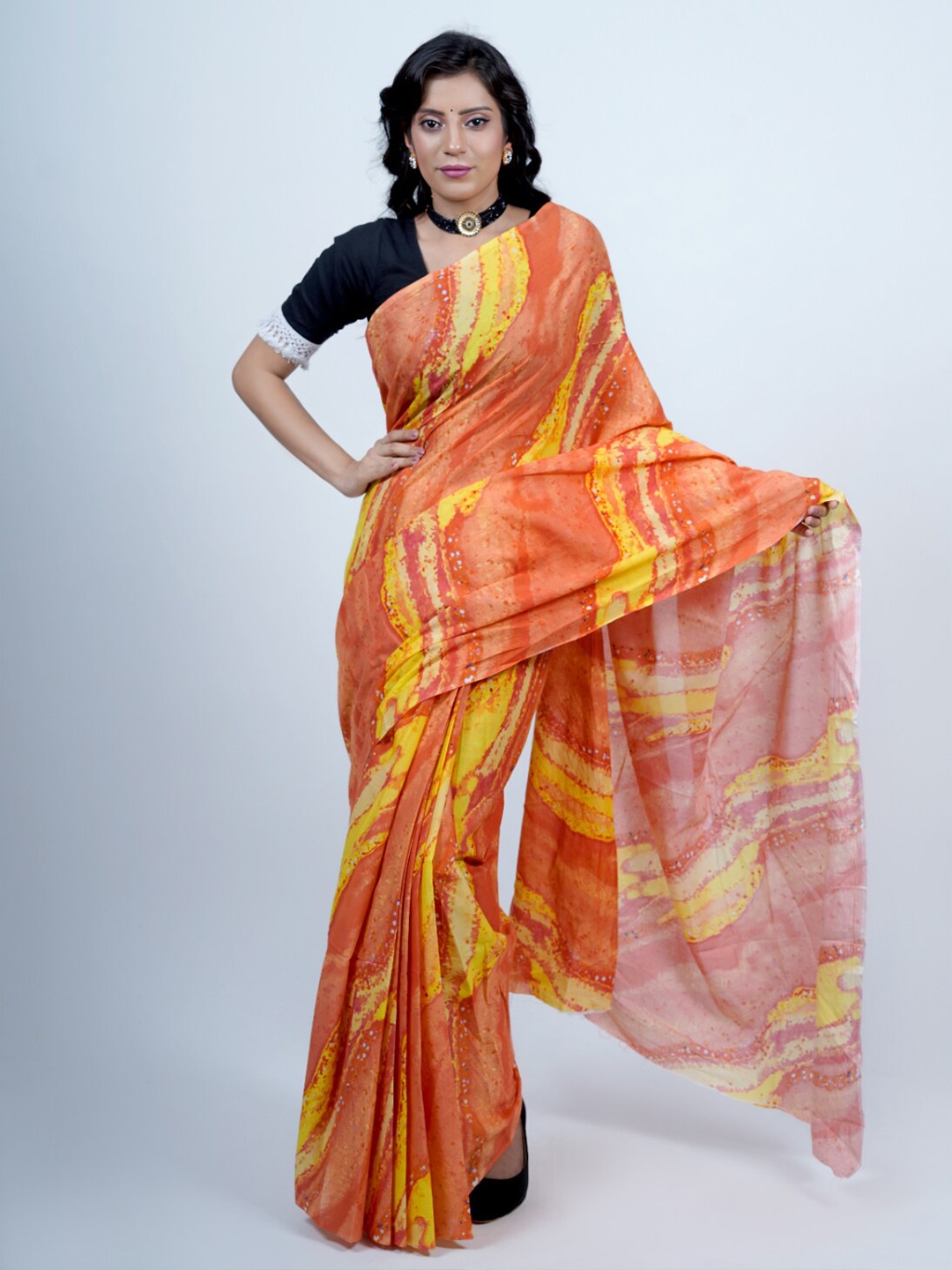 

BUTA BUTI Abstract Printed Pure Cotton Saree, Orange