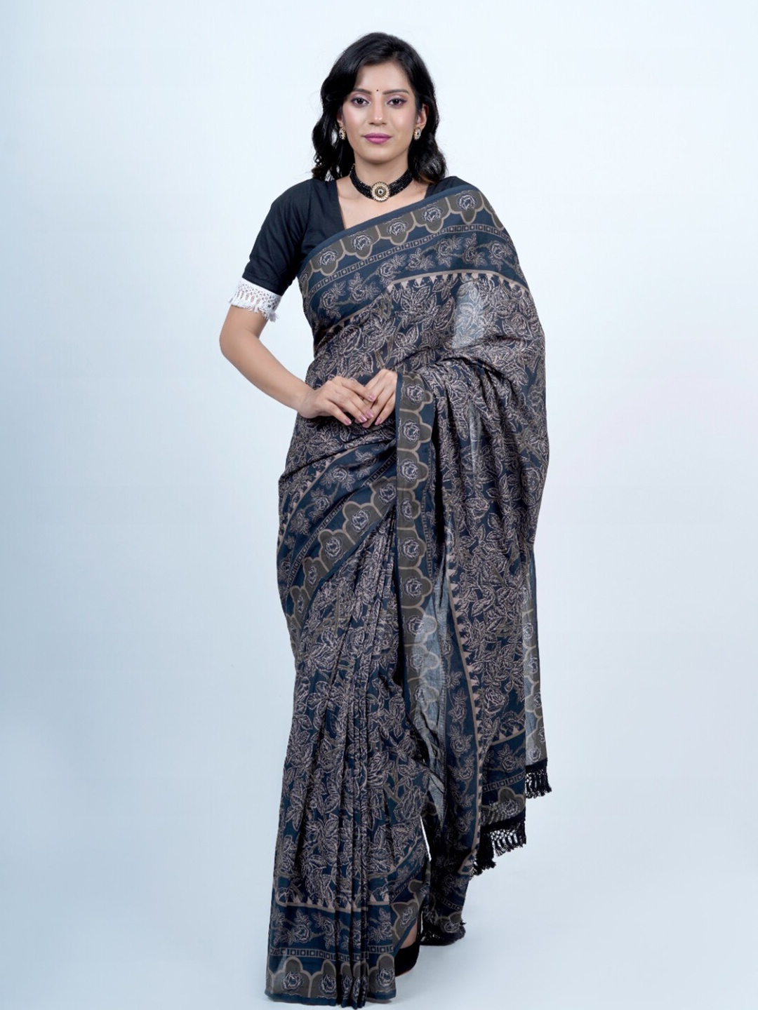 

BUTA BUTI Floral Printed Pure Cotton Saree, Teal