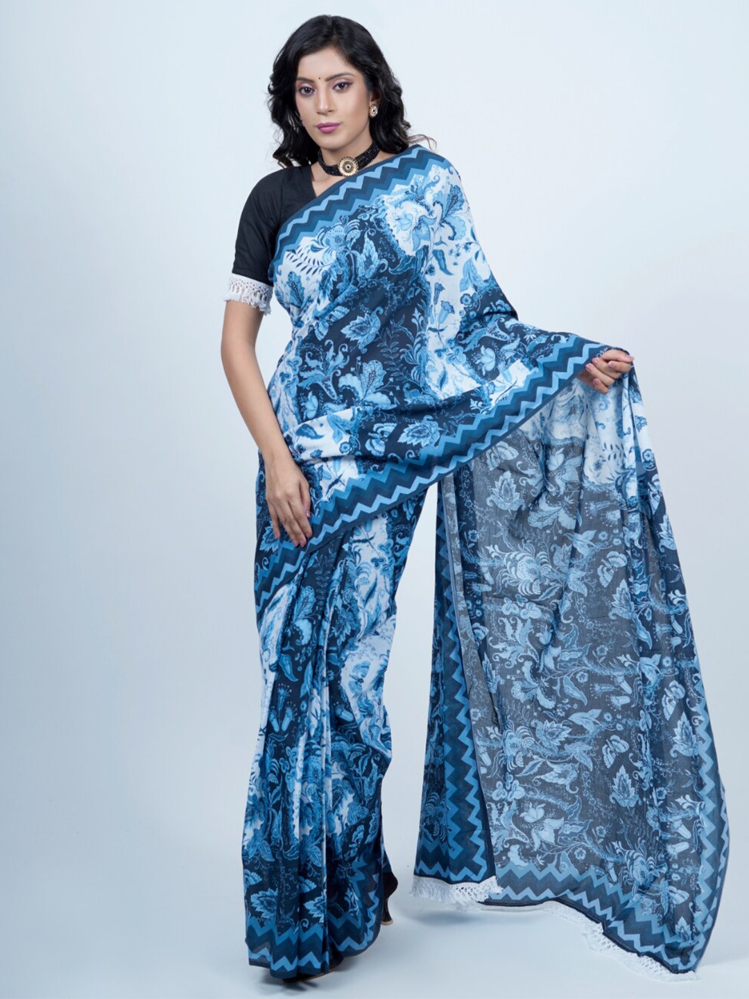 

BUTA BUTI Floral Printed Pure Cotton Saree, Turquoise blue