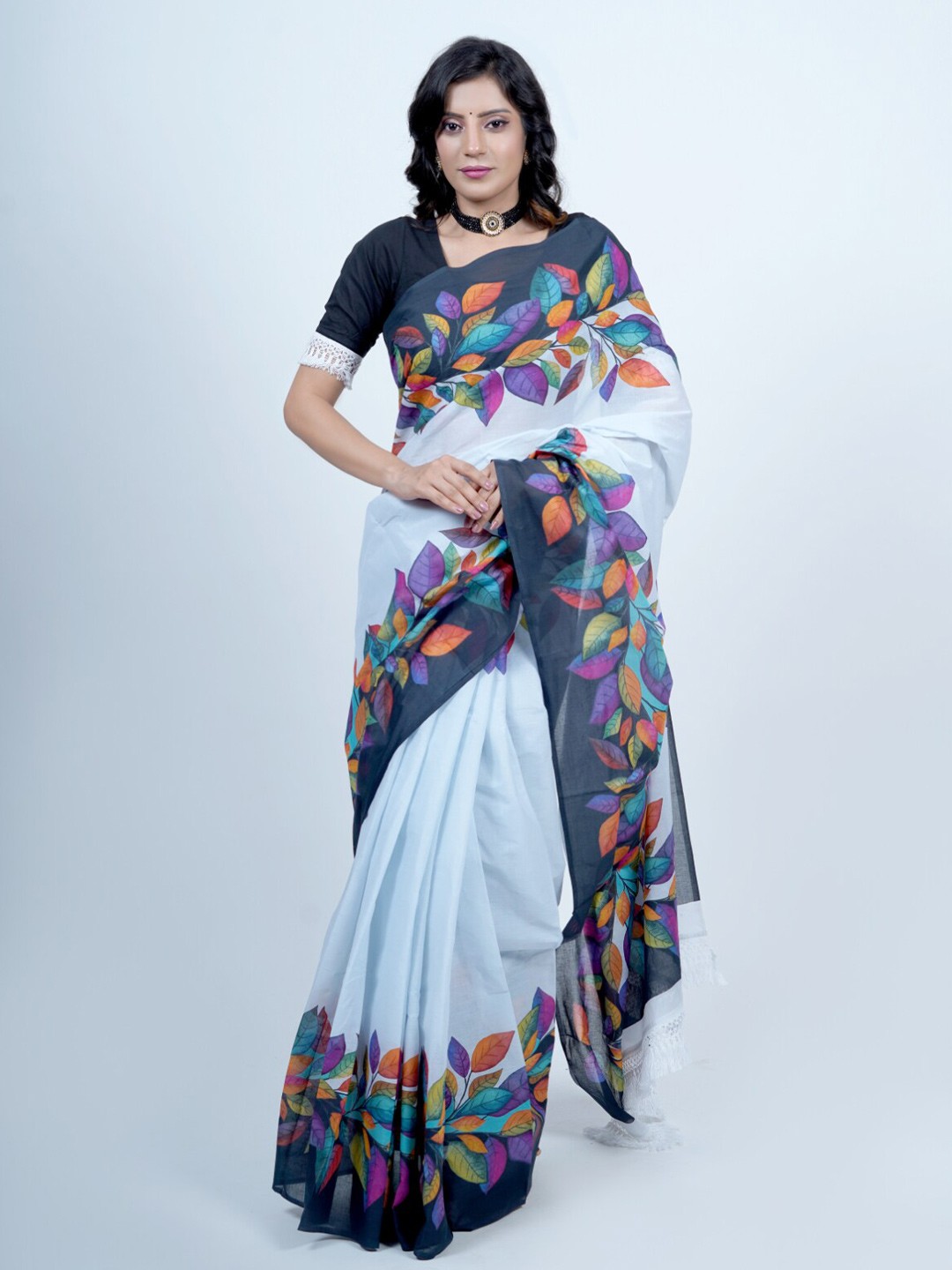 

BUTA BUTI Solid Pure Cotton Tasseled Saree, White