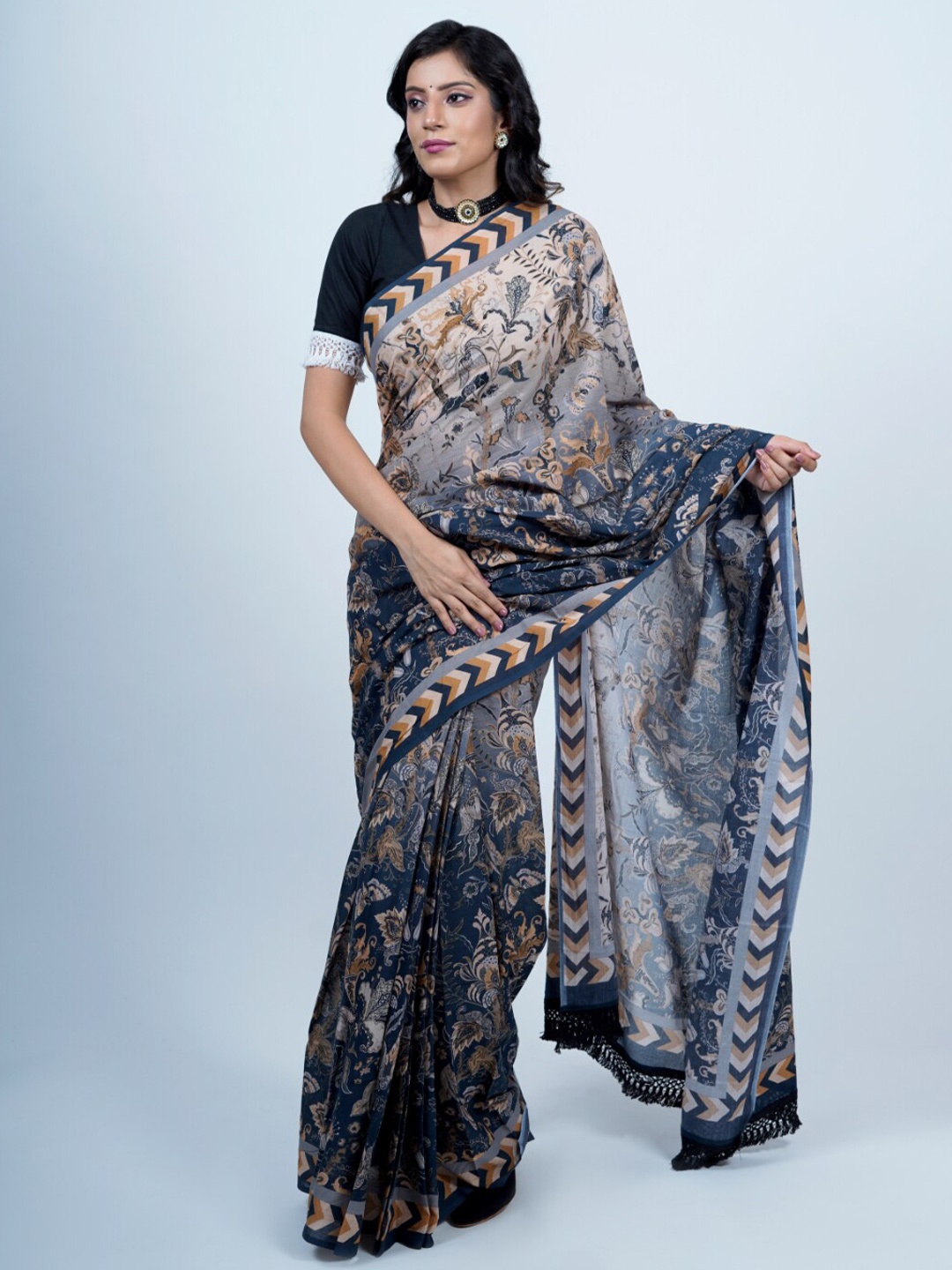 

BUTA BUTI Floral Printed Pure Cotton Saree, Beige