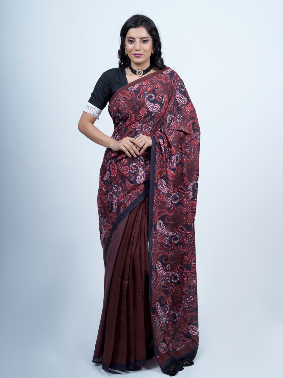

BUTA BUTI Paisley Printed Pure Cotton Saree, Maroon