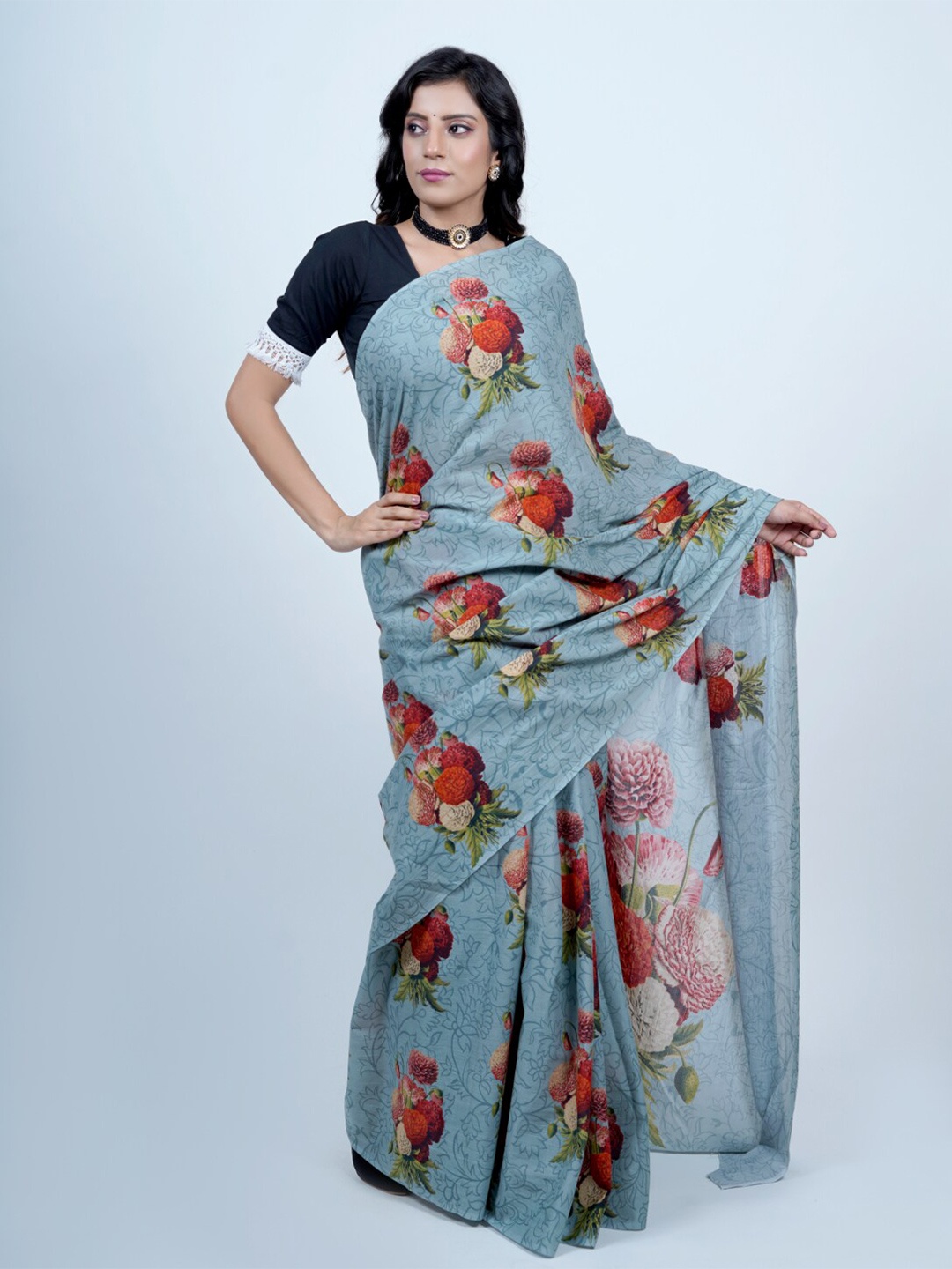 

BUTA BUTI Floral Printed Pure Cotton Saree, Grey