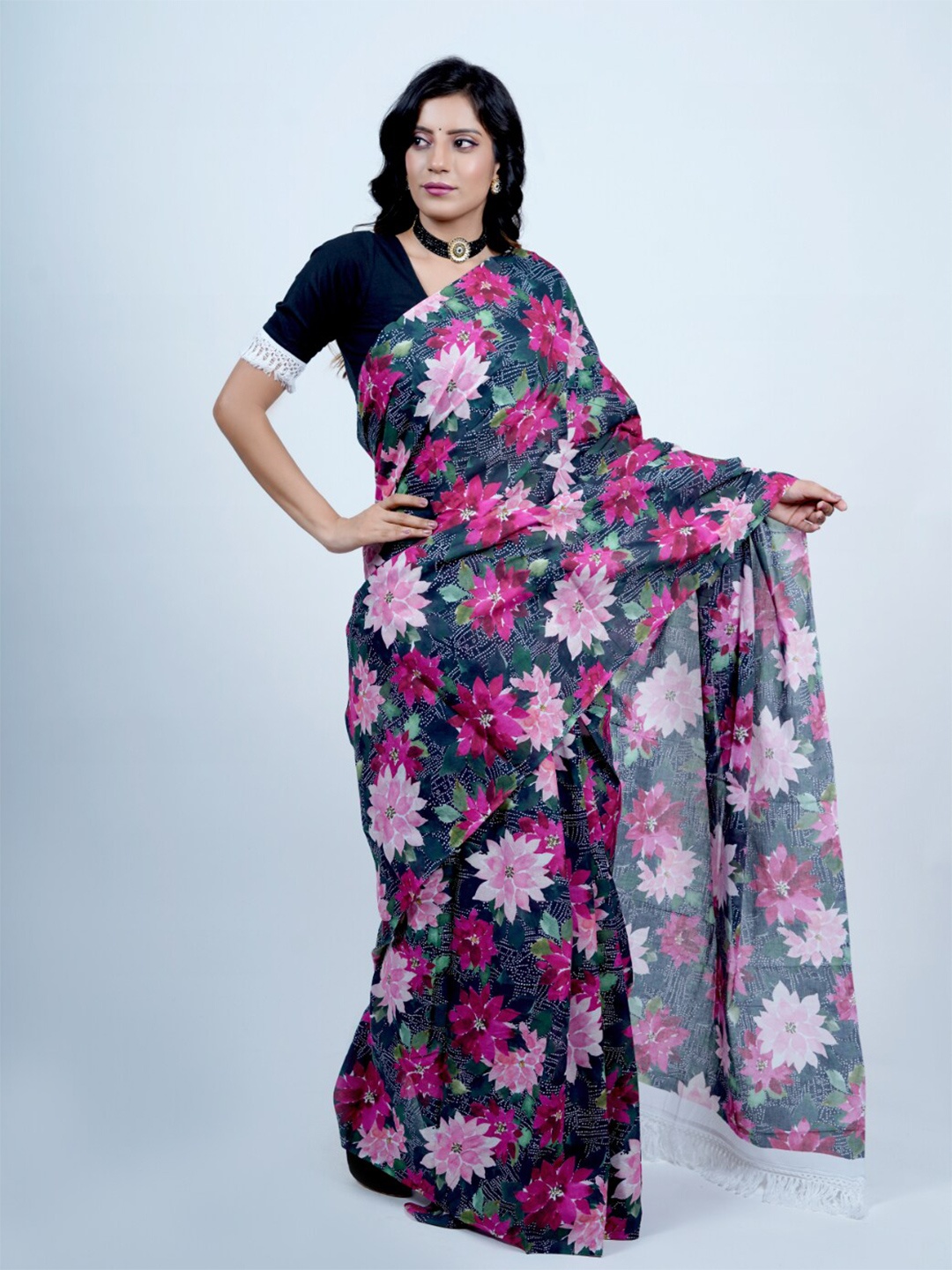 

BUTA BUTI Floral Printed Pure Cotton Saree, Pink