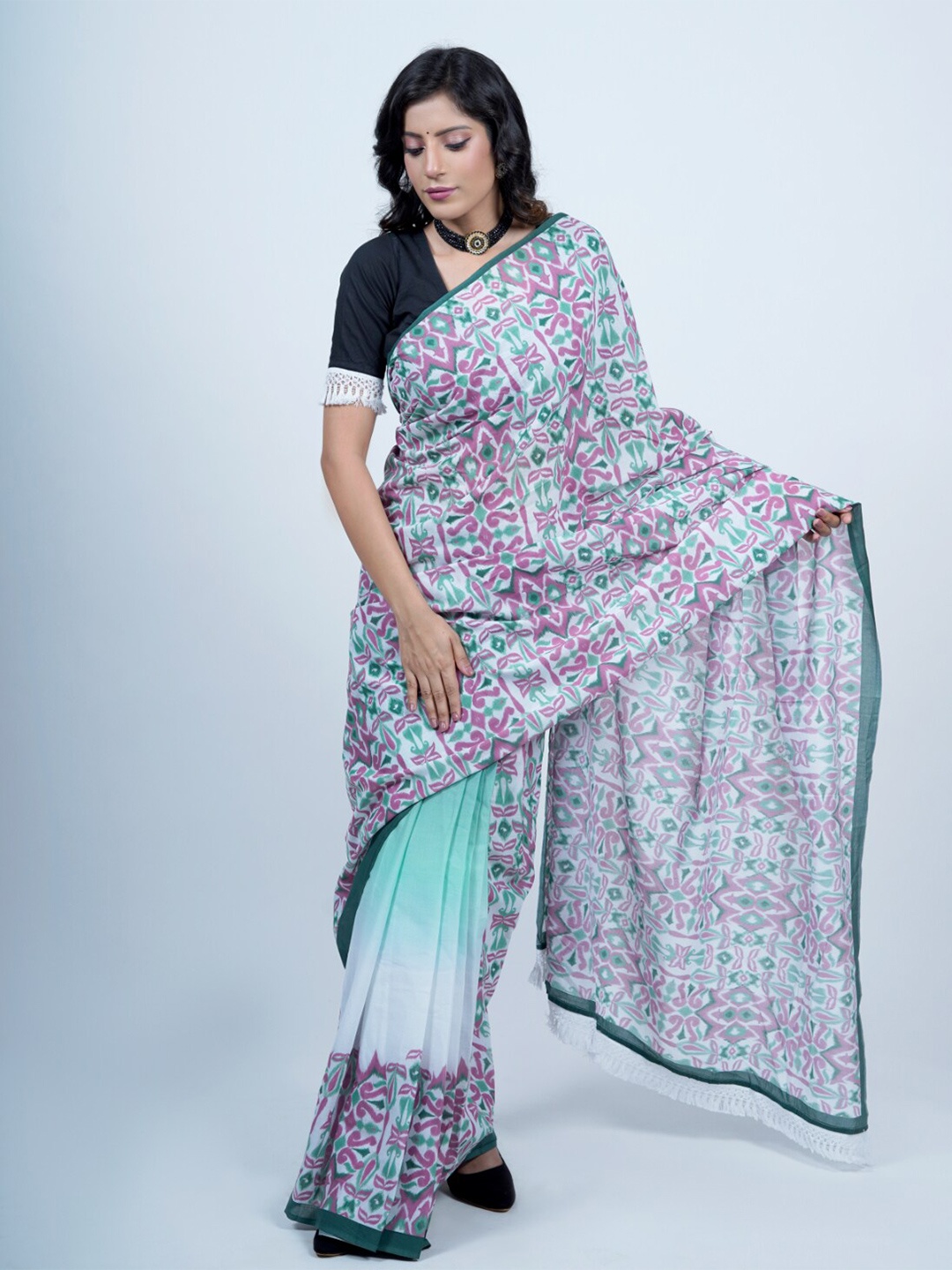 

BUTA BUTI Ombre Printed Pure Cotton Saree, White
