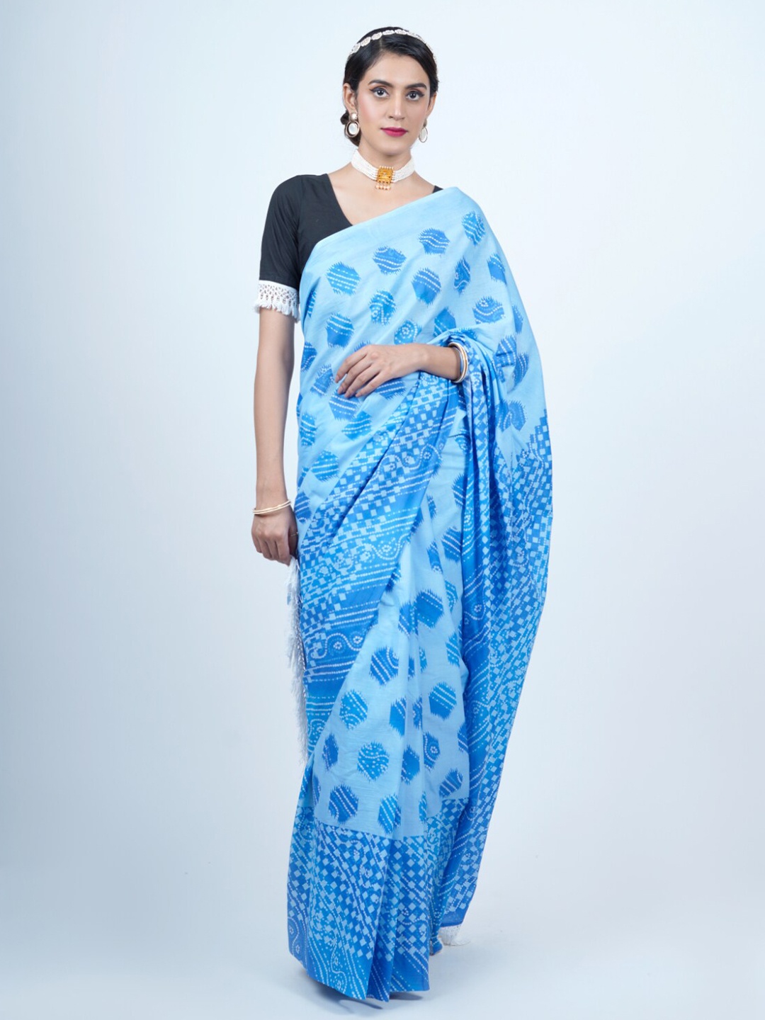 

BUTA BUTI Geometric Printed Pure Cotton Tasseled Saree, Turquoise blue